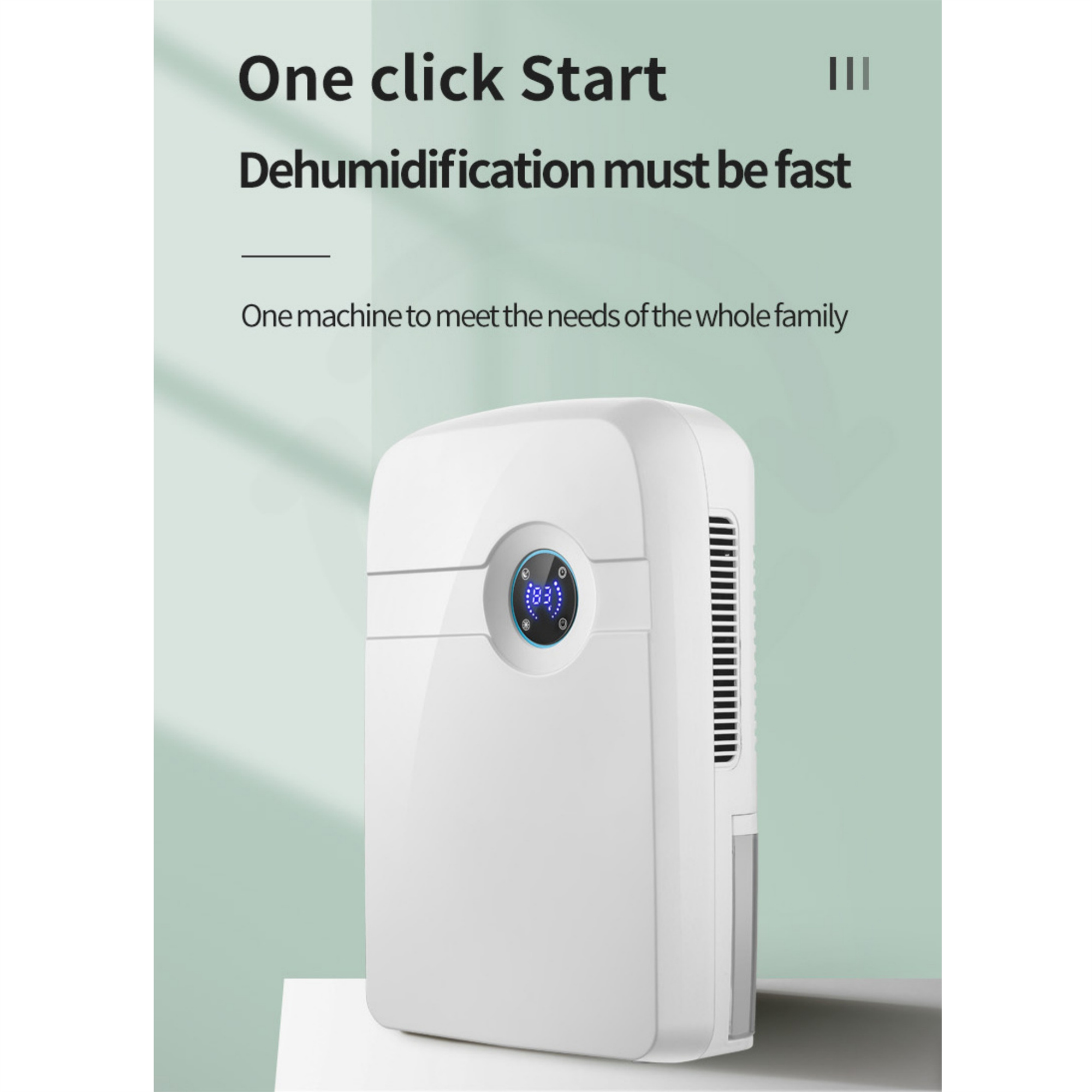 Weißer Luftentfeuchter mit Digitalanzeige. Fetter Text: 'One click Start', 'Dehumidification must be fast'.