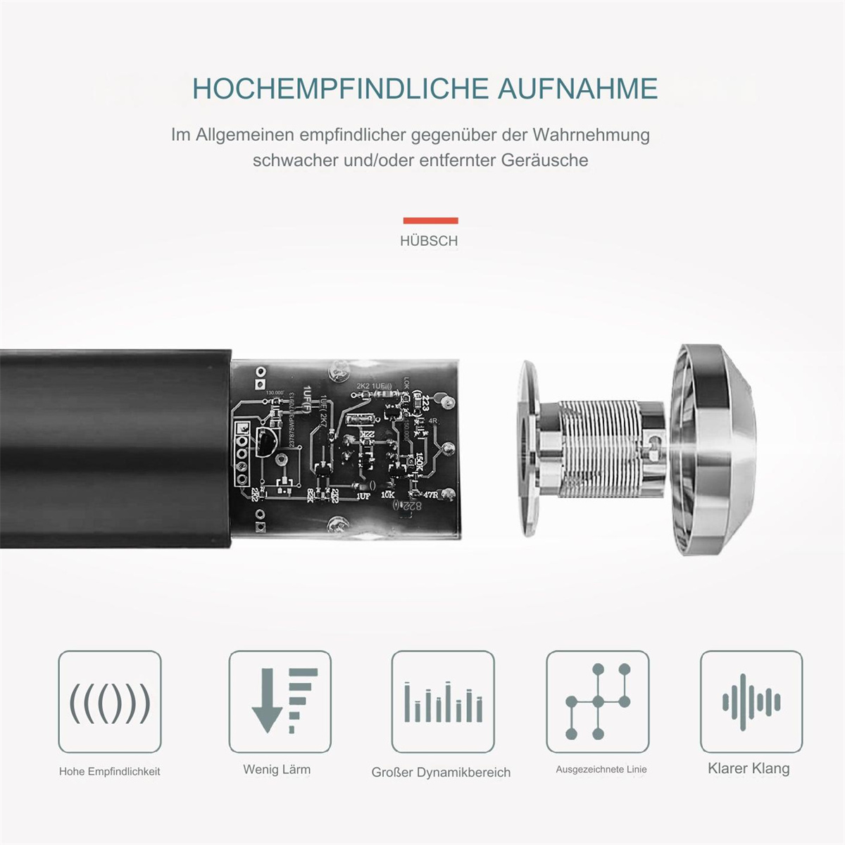 Nahaufnahme elektronischer Komponenten. Es beinhaltet eine Leiterplatte und ein Metallstück mit Text und Symbolen.