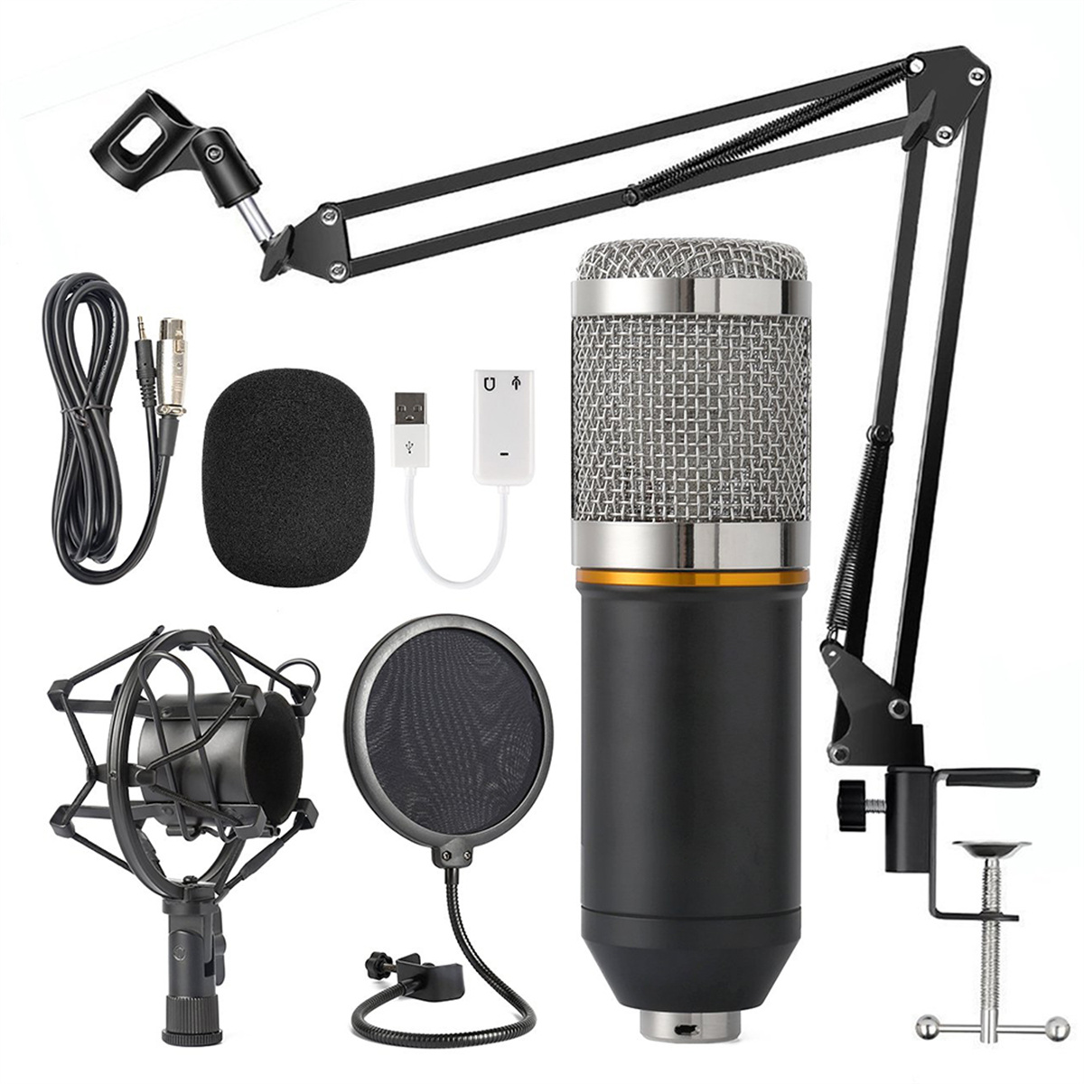 Studio-Mikrofon-Setup mit verschiedenen Zubehörteilen. Schwarz und Silberfarben.