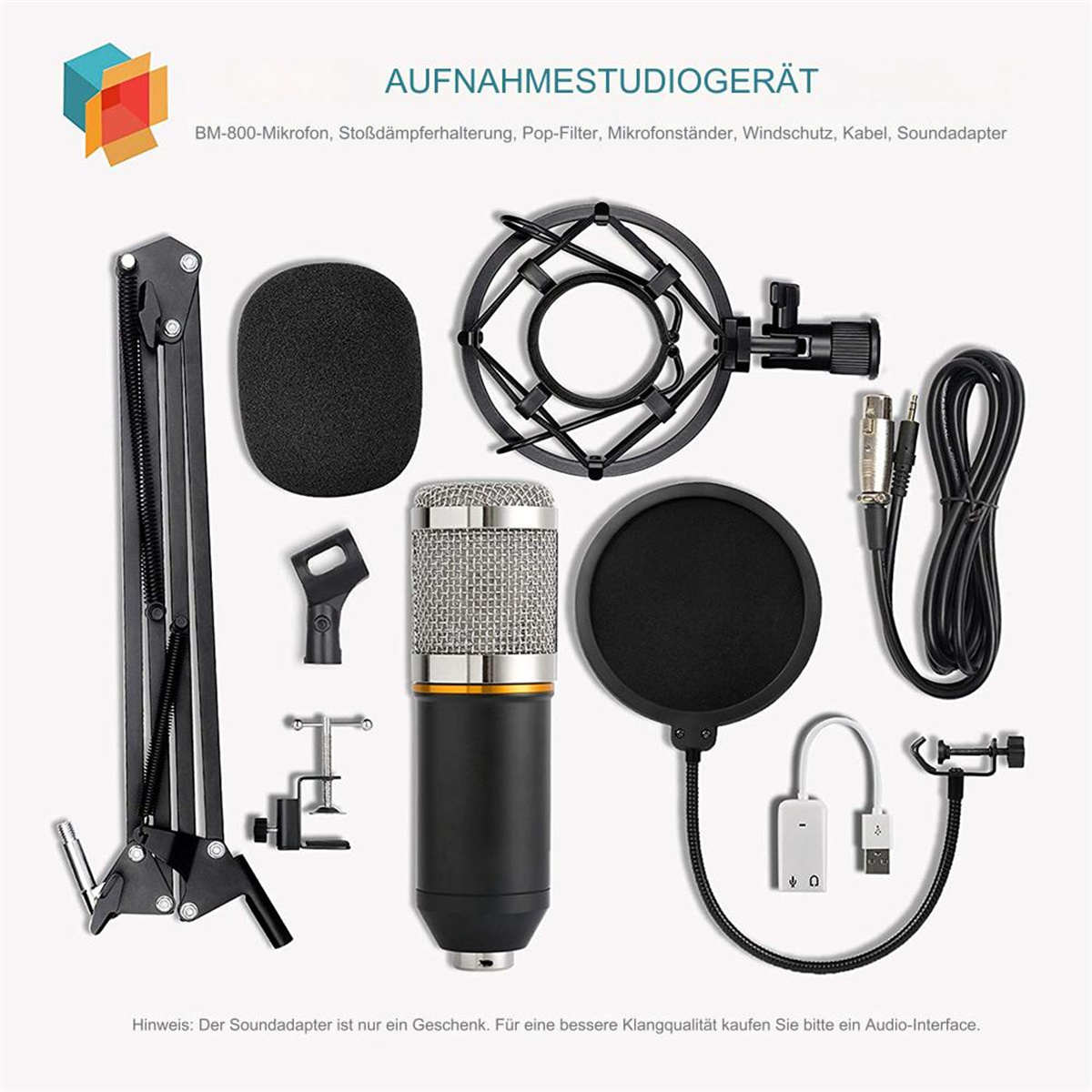 Studio-Aufnahme-Setup mit Mikrofon, Pop-Filter und verschiedenen Zubehörteilen.