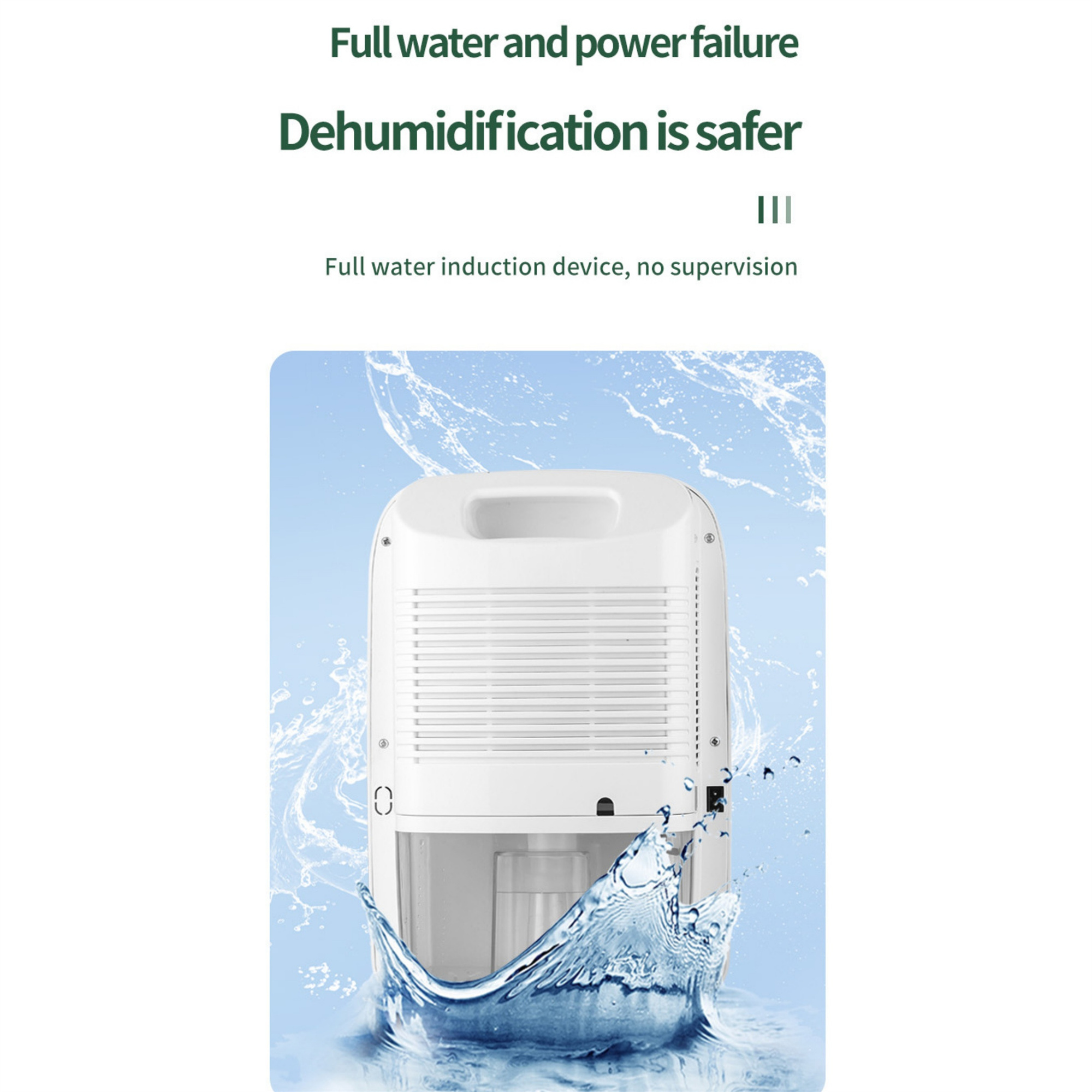 Weißer Luftentfeuchter mit Wasserspritzer. Text oben. Weißer Hintergrund.