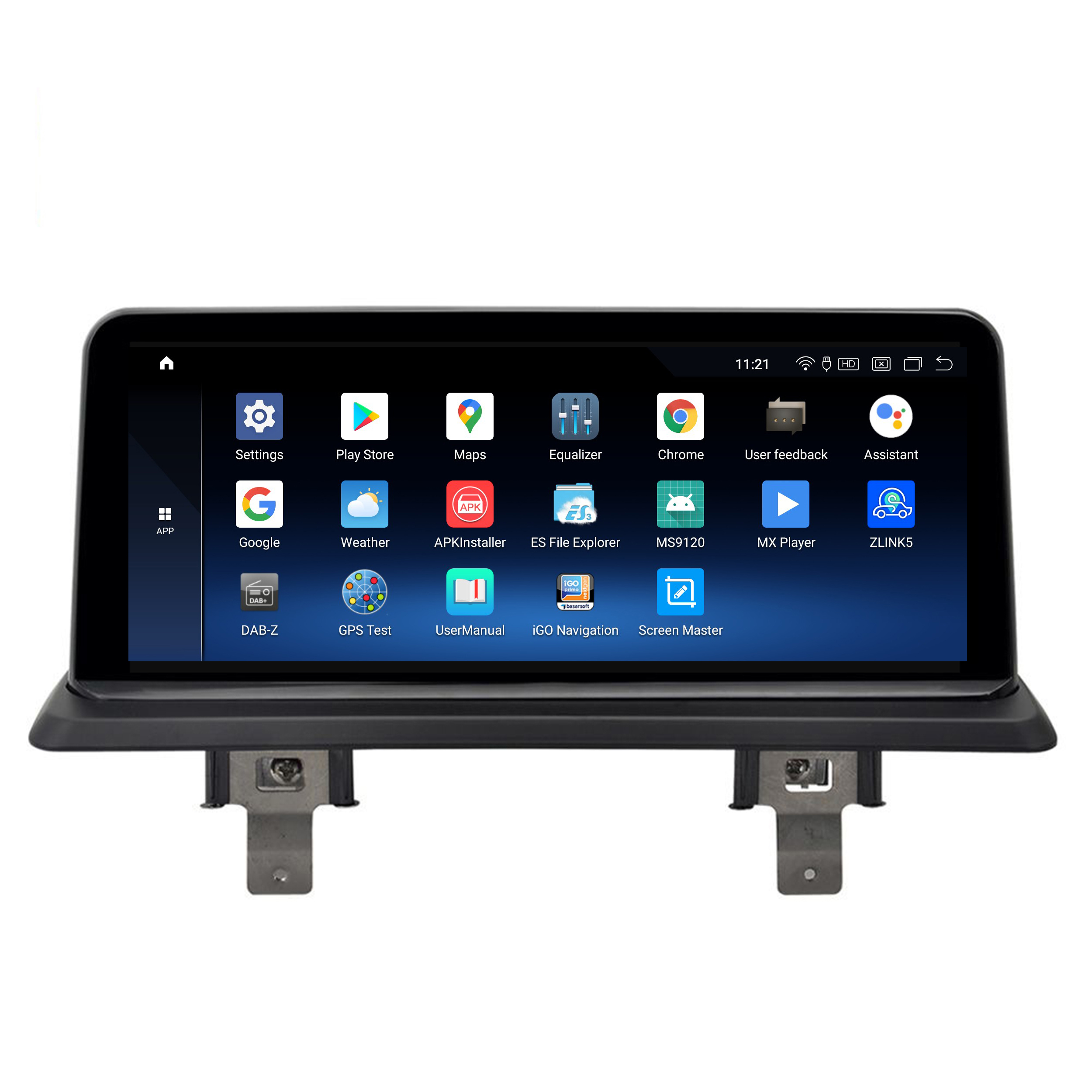 Ein Autoradio mit Touchscreen, das App-Symbole und die Uhrzeit anzeigt.