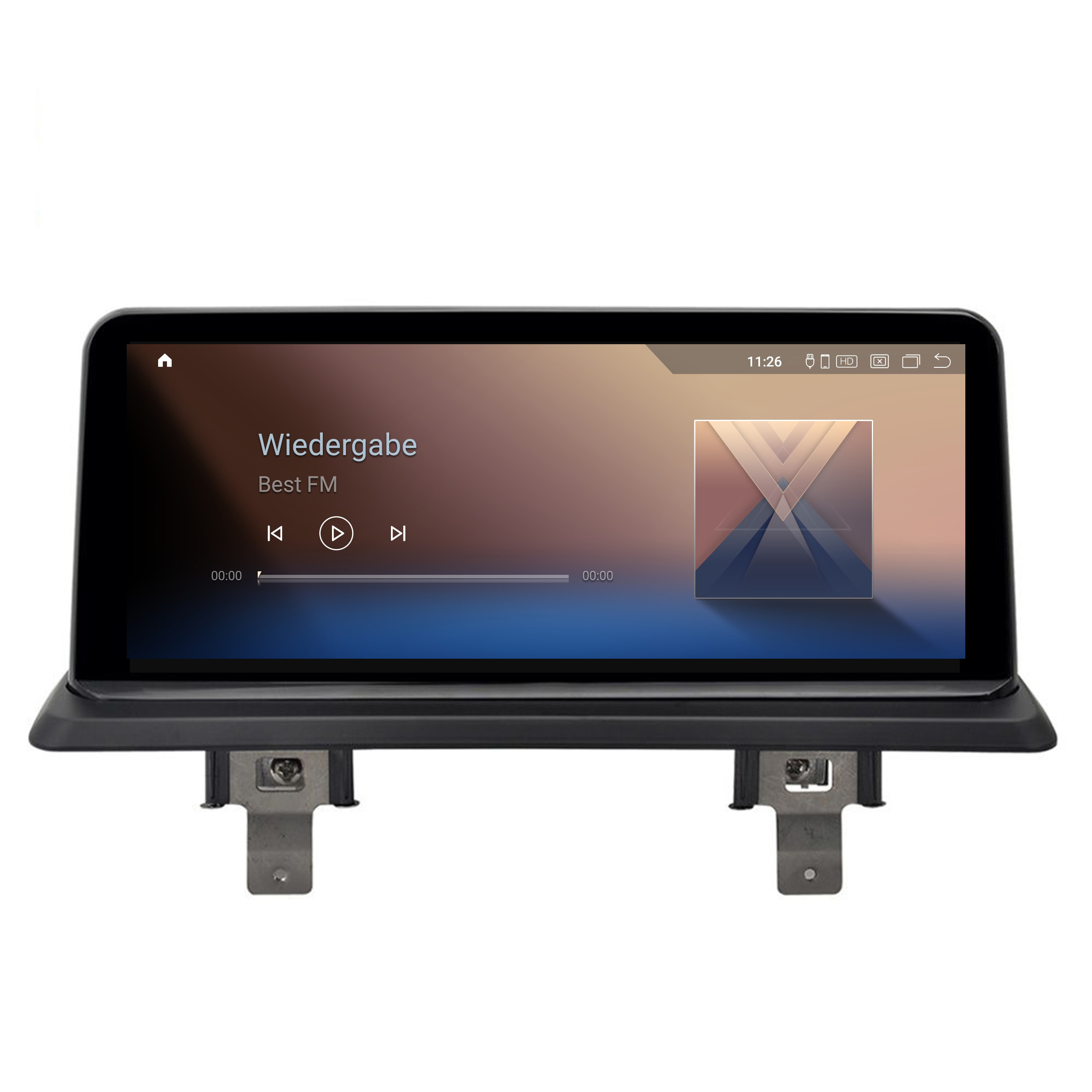 Auto-Multimedia-Display. Der Bildschirm zeigt einen Musik-Player mit Wiedergabesteuerung und Grafik.
