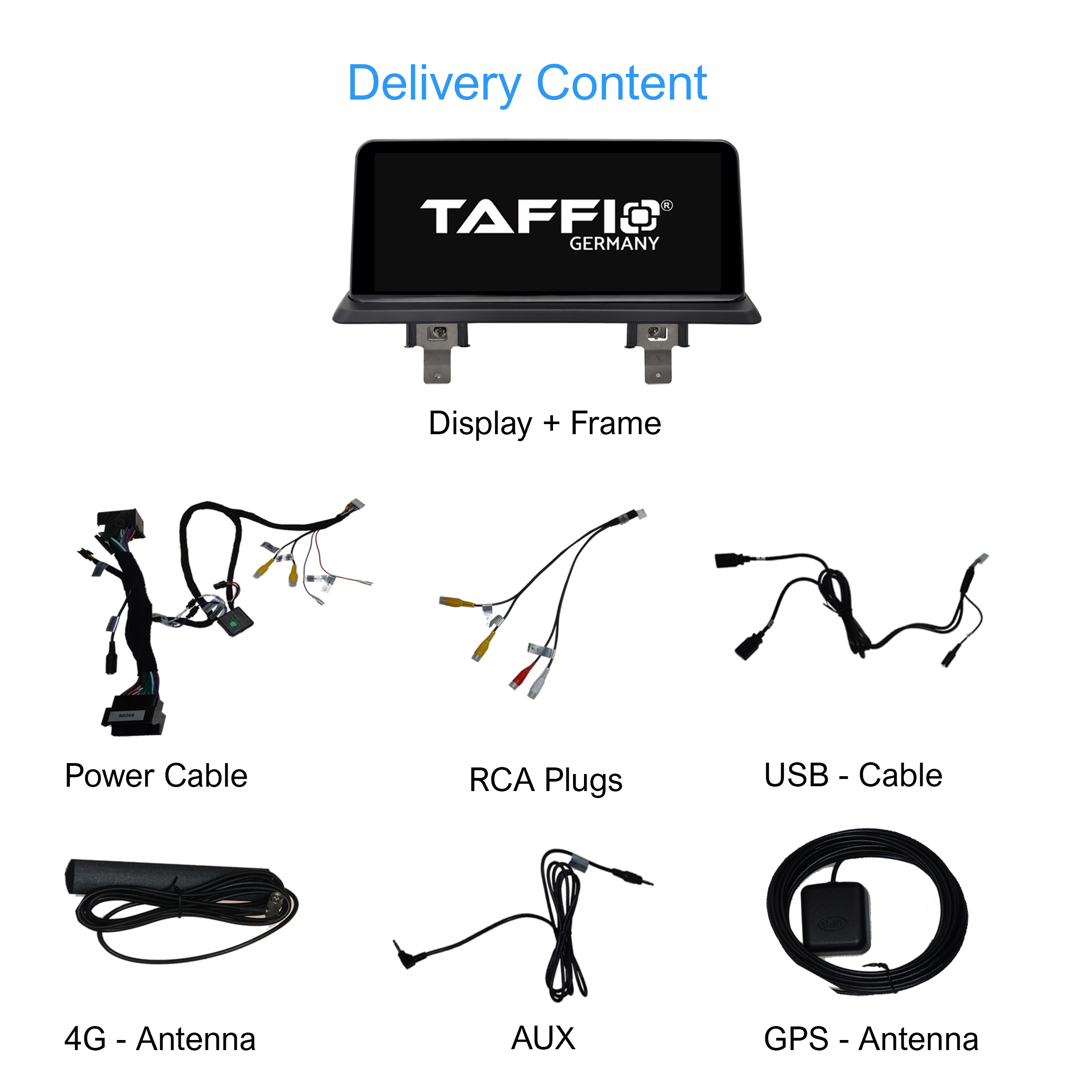 Lieferumfang für ein Auto-Audiosystem, zeigt Display, Kabel und Antennen.