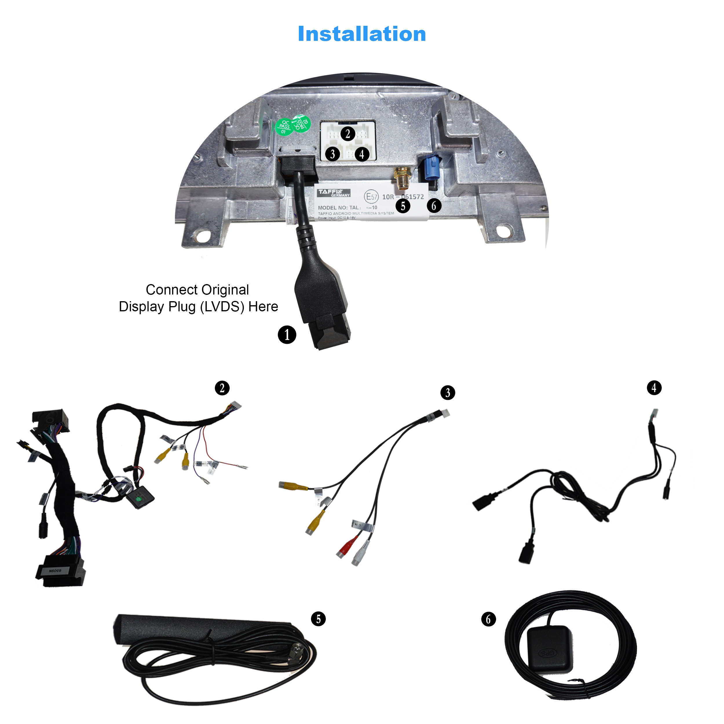Installationsdiagramm eines Autoradios mit verschiedenen Kabelkomponenten.