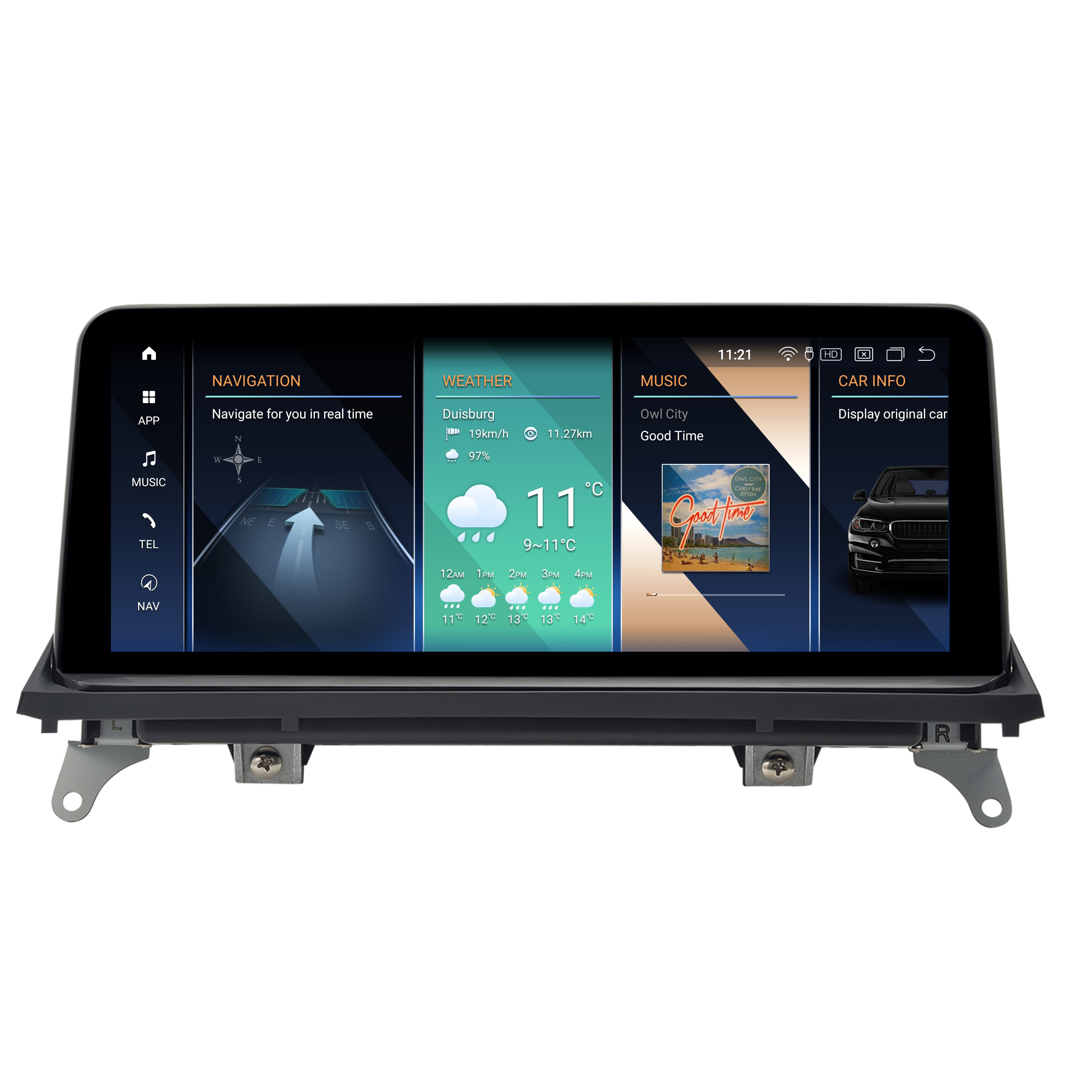 Bildschirm des Auto-Multimedia-Systems mit Navigation, Wetter, Musik und Fahrzeuginformationen.