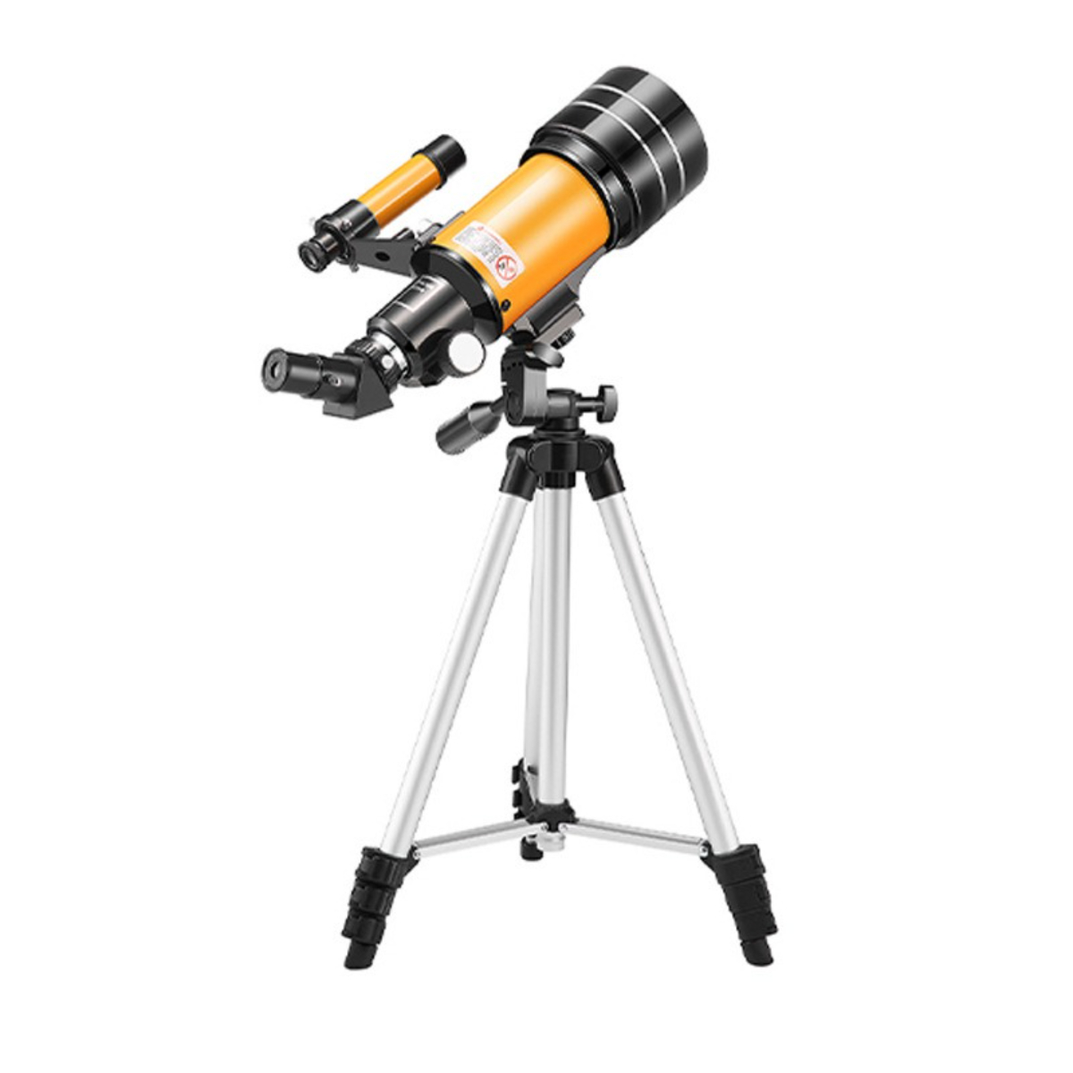 Ein Teleskop auf einem Stativ. Das Teleskop ist orange und schwarz, mit einem kleinen Sucher.
