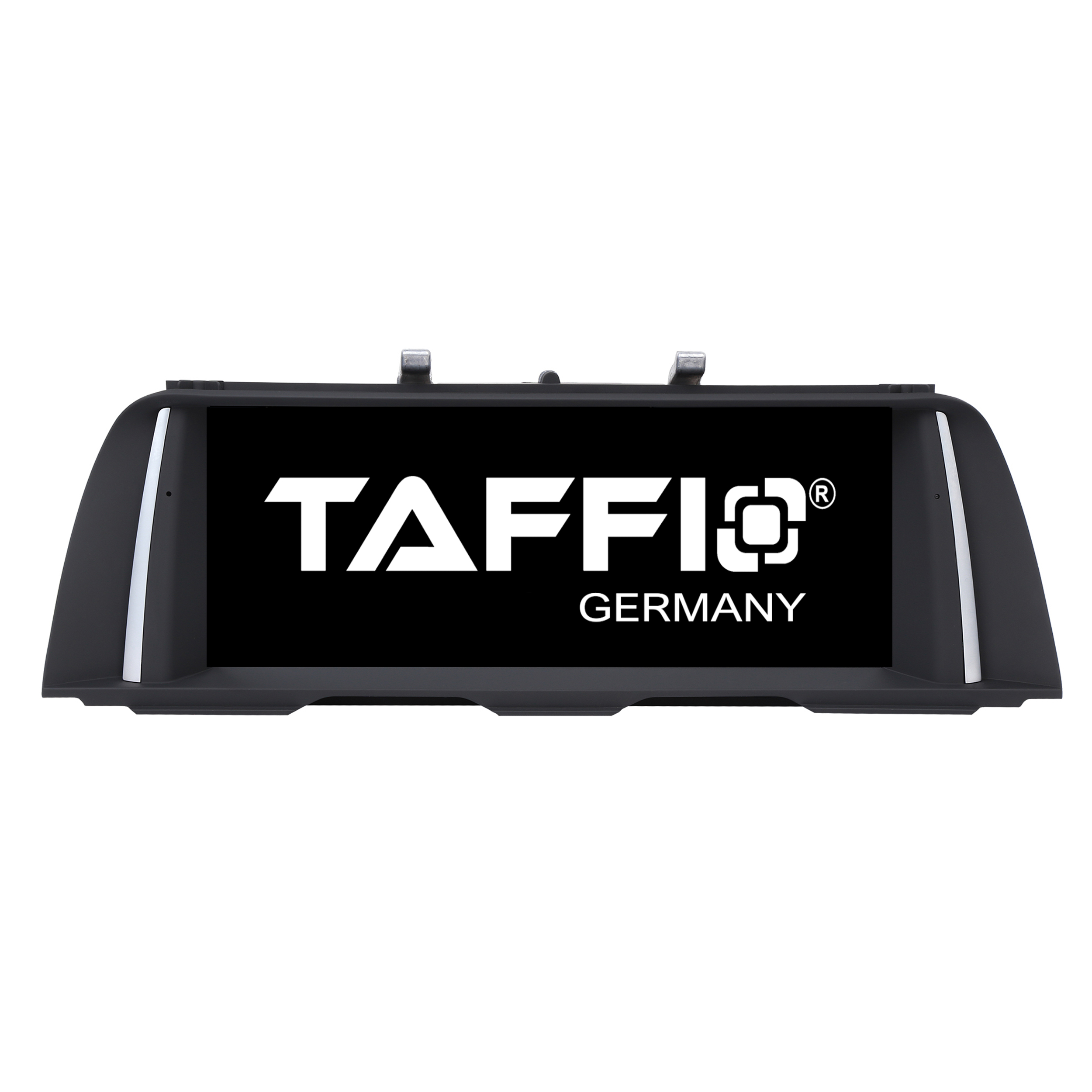 Schwarzer Auto-Navigationsbildschirm mit dem Markennamen TAFFIO GERMANY.
