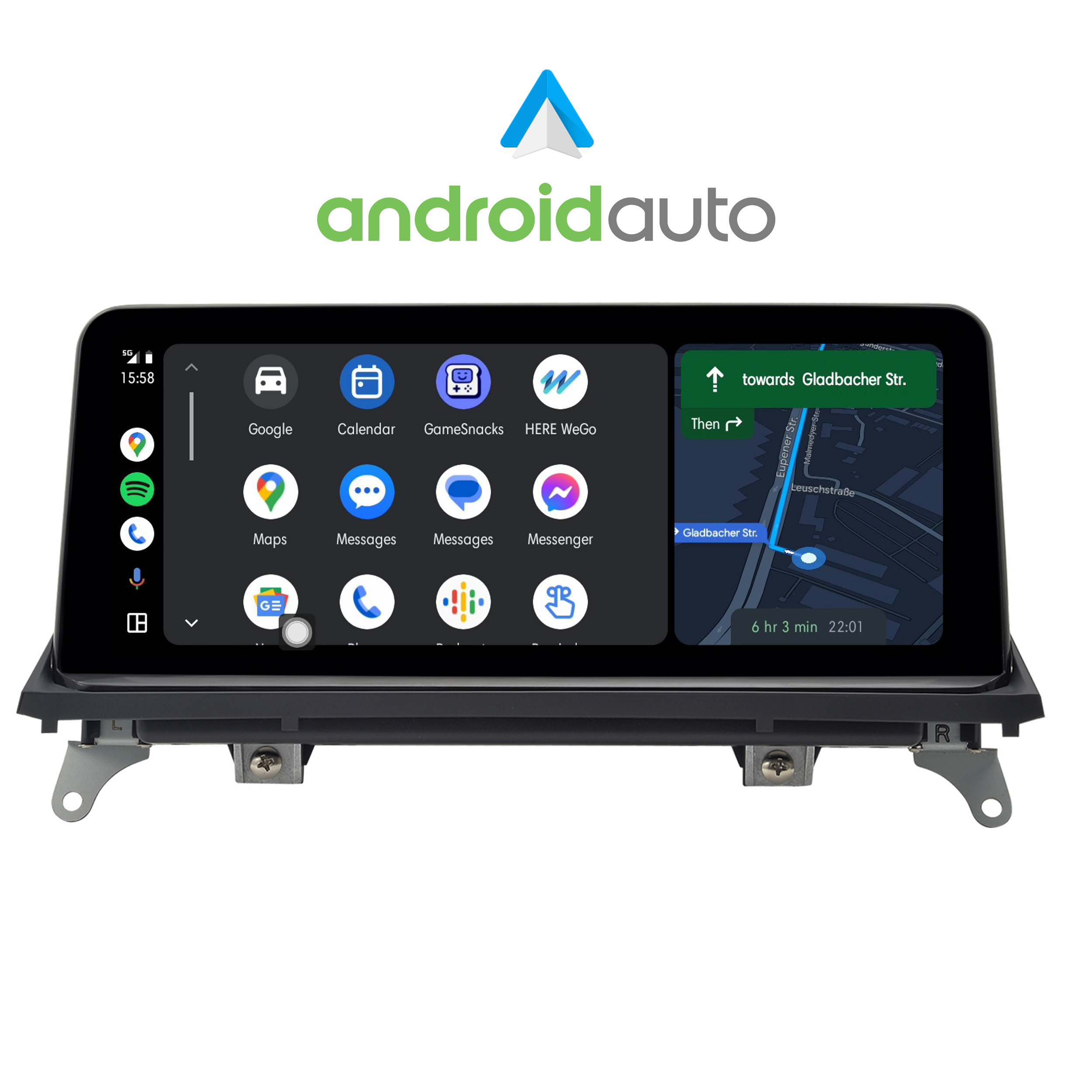 Android Auto-Display, das verschiedene App-Symbole und eine Navigationskarte zeigt.