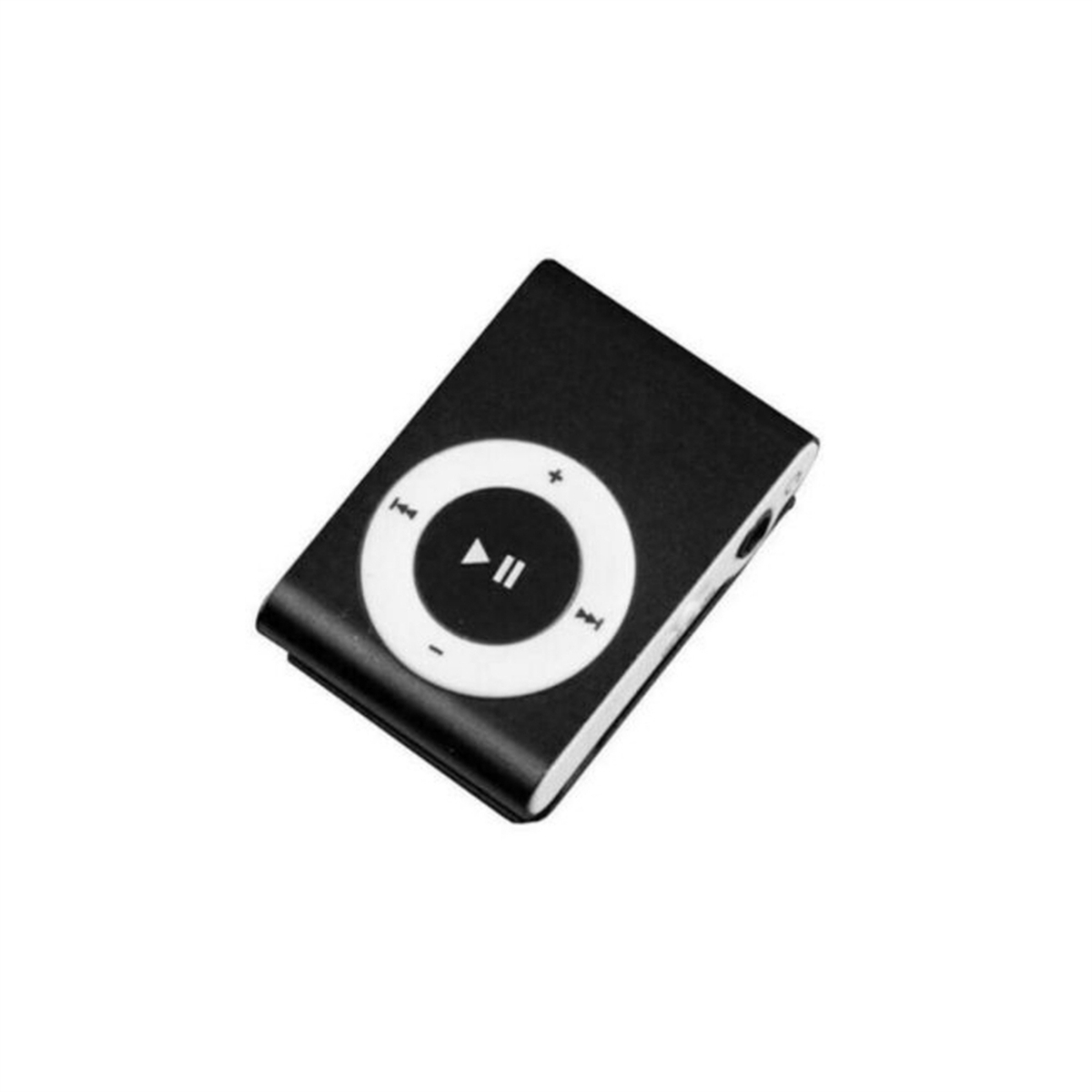 Kleiner, schwarzer MP3-Player mit weißem Steuerungsrad.