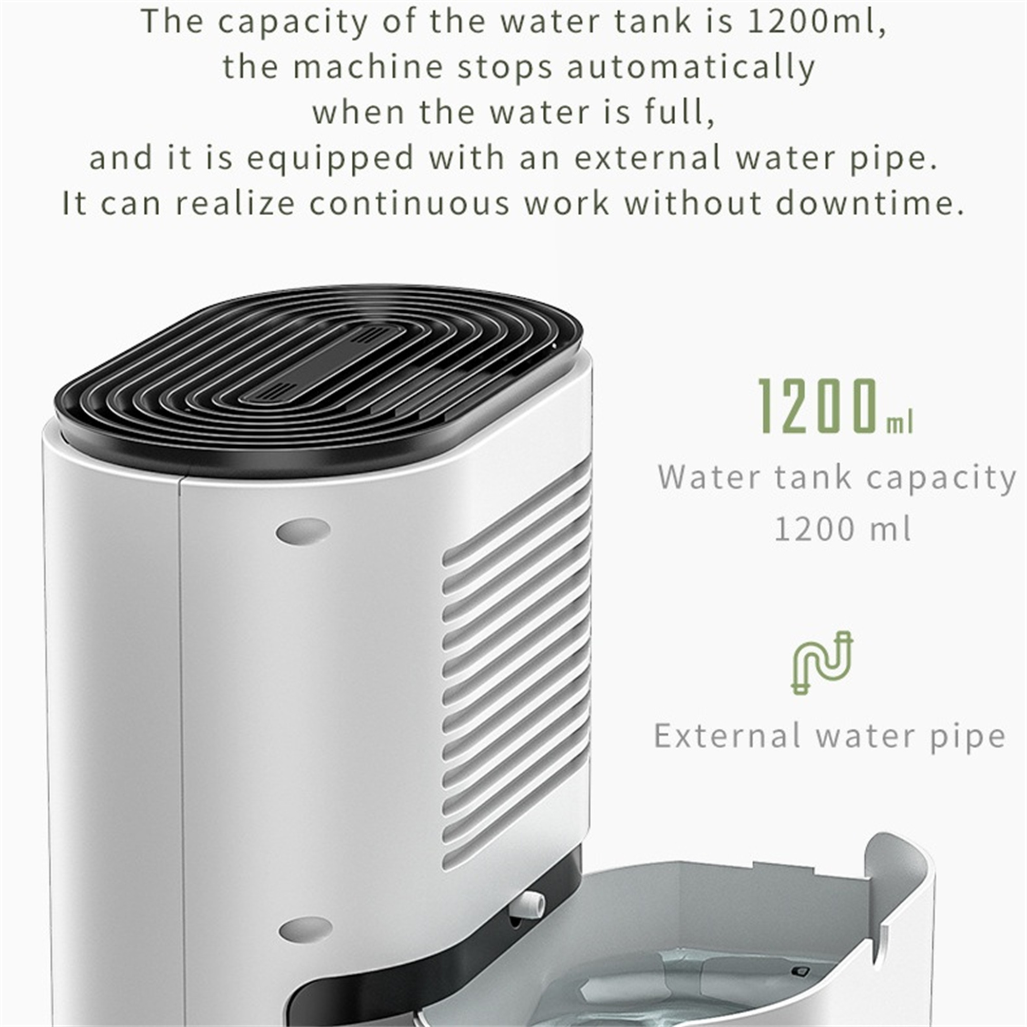 Weißer Luftbefeuchter mit Text, 1200ml Wassertankkapazität. Ein externes Wasserrohr.