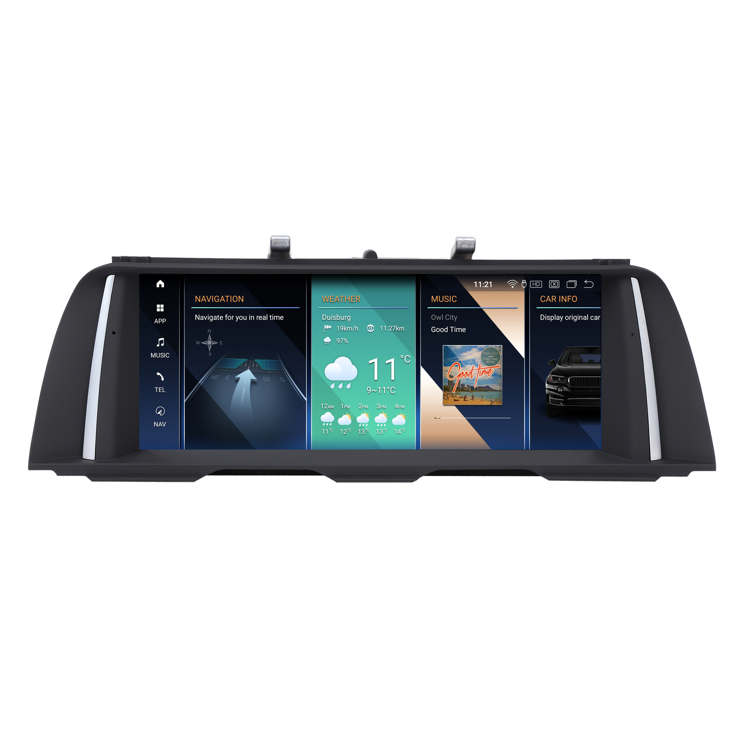 Auto-Multimedia-System-Bildschirm. Zeigt Navigation, Wetter, Musik und Fahrzeuginformationen. Schwarzer Rahmen.