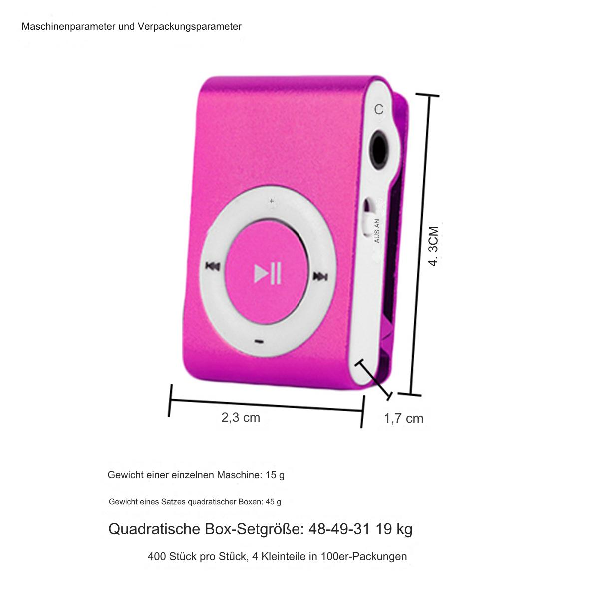 Rosa MP3-Player mit Maßangaben und deutschem Text, auf weißem Hintergrund.