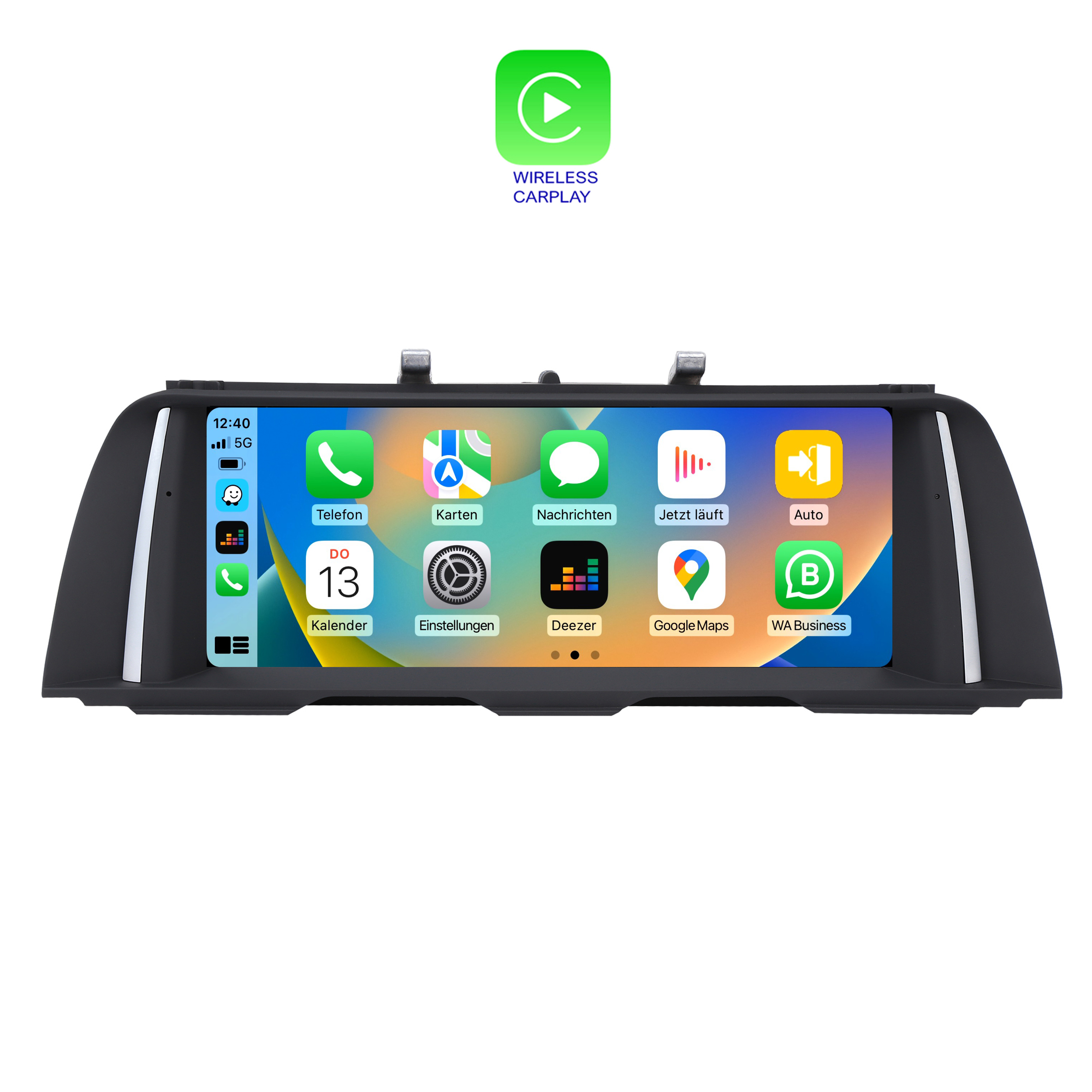 Auto-Display mit Symbolen, Datum und Uhrzeit. Wireless CarPlay Logo oben.