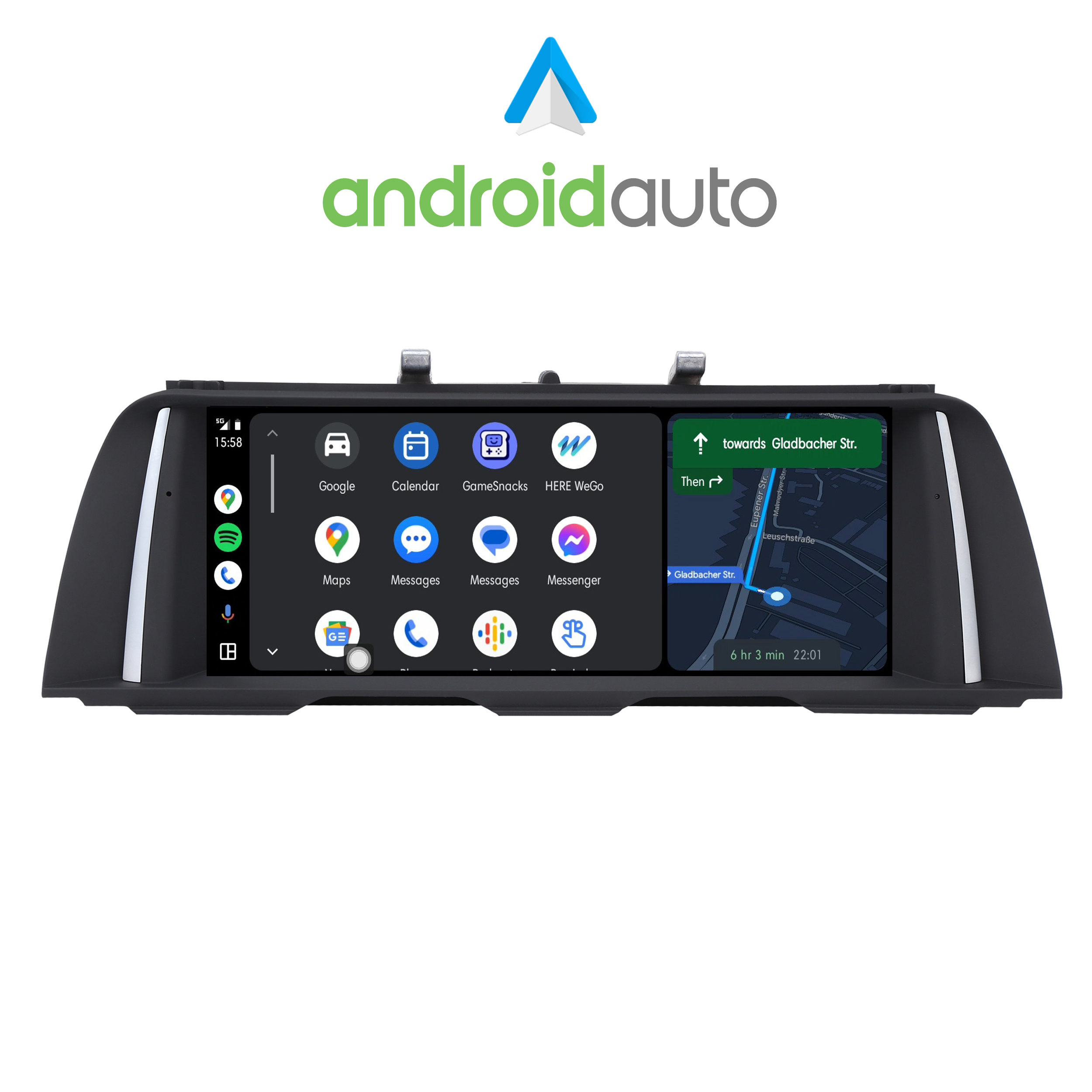 Android Auto-Bildschirm in einem Auto. Zeigt Navigation mit Karte und App-Symbolen. Android Auto-Logo oben.