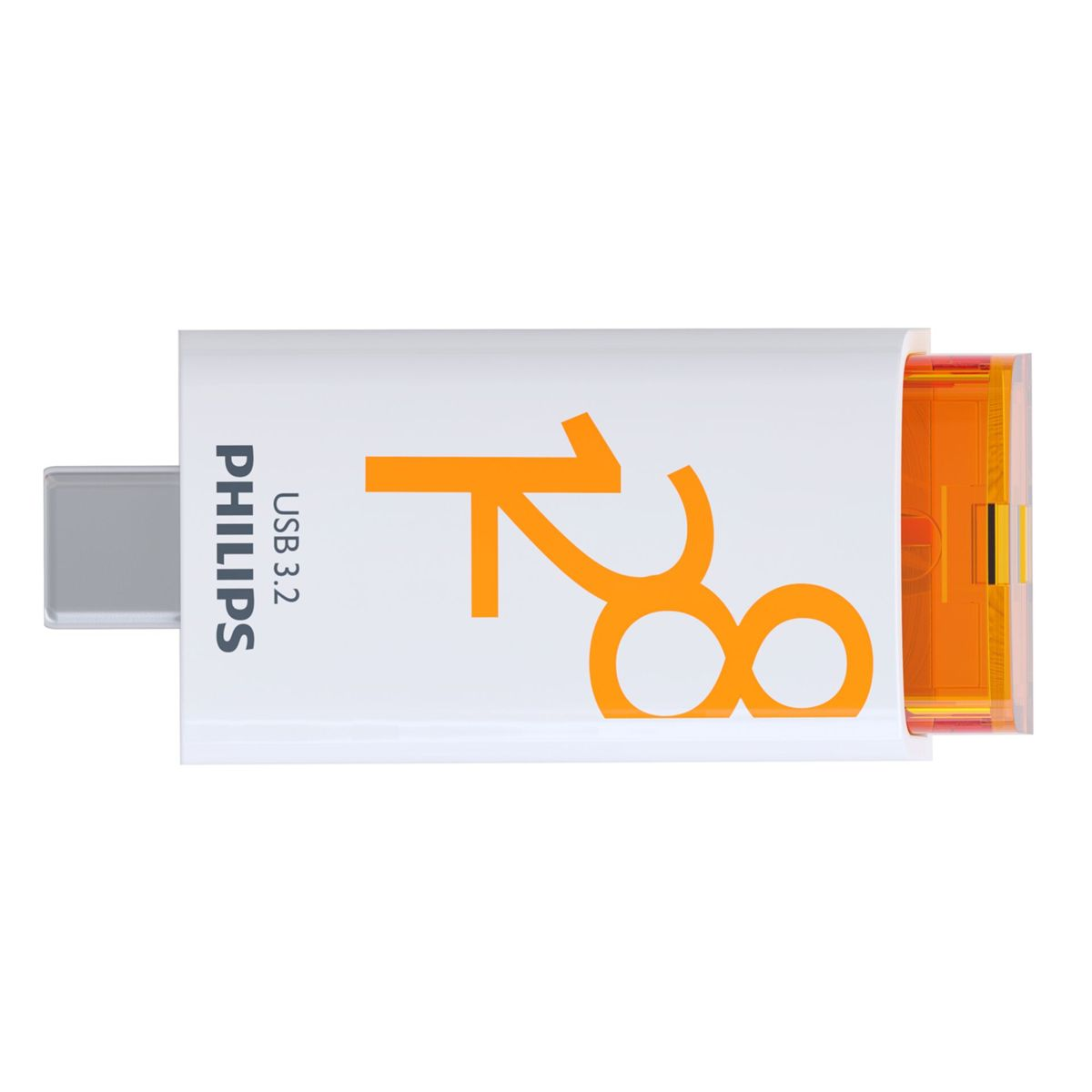Biały i pomarańczowy pendrive z nadrukiem 'PHILIPS' i '128', na białym tle.