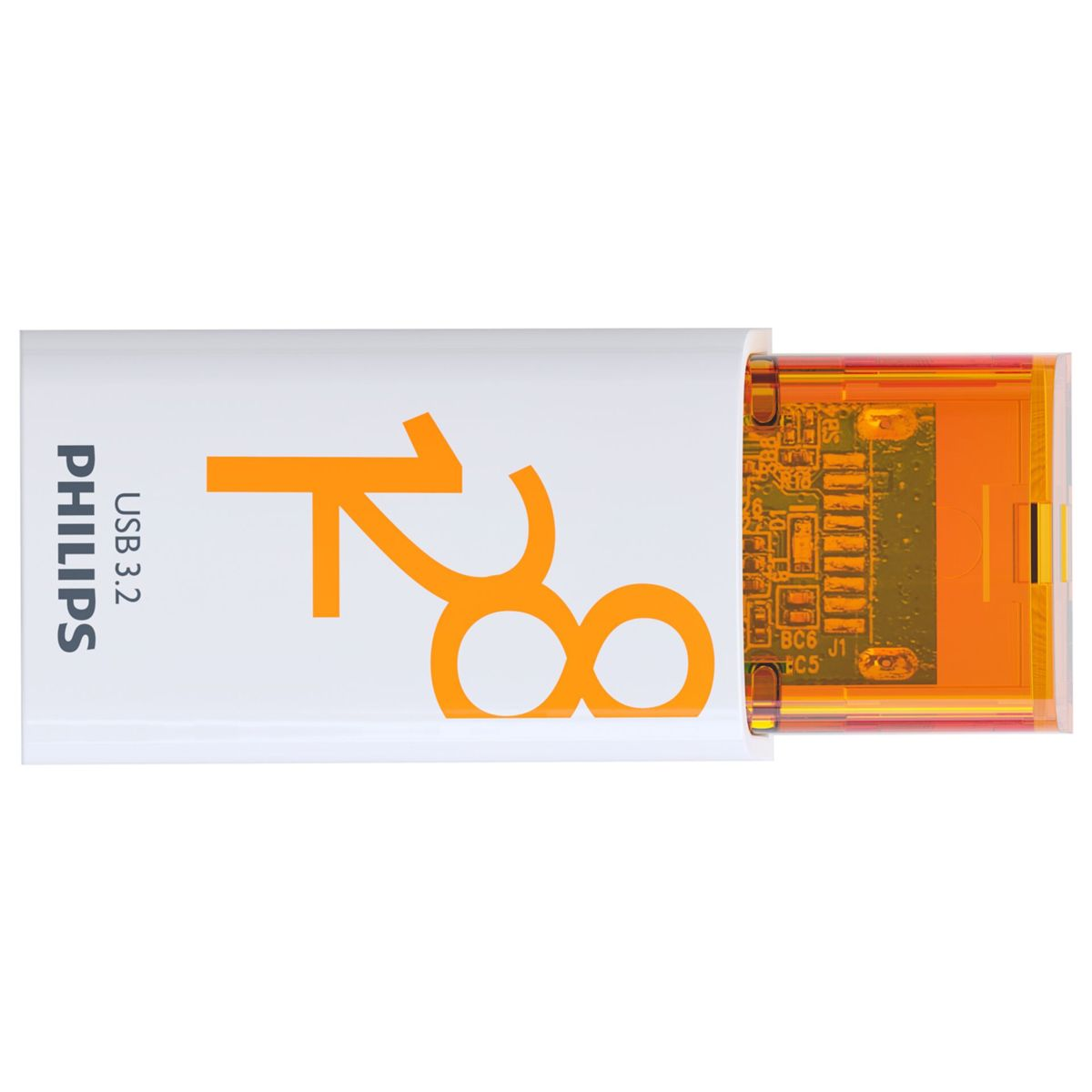 Biały pendrive Philips z pomarańczowymi detalami, pokazujący pojemność 128GB.