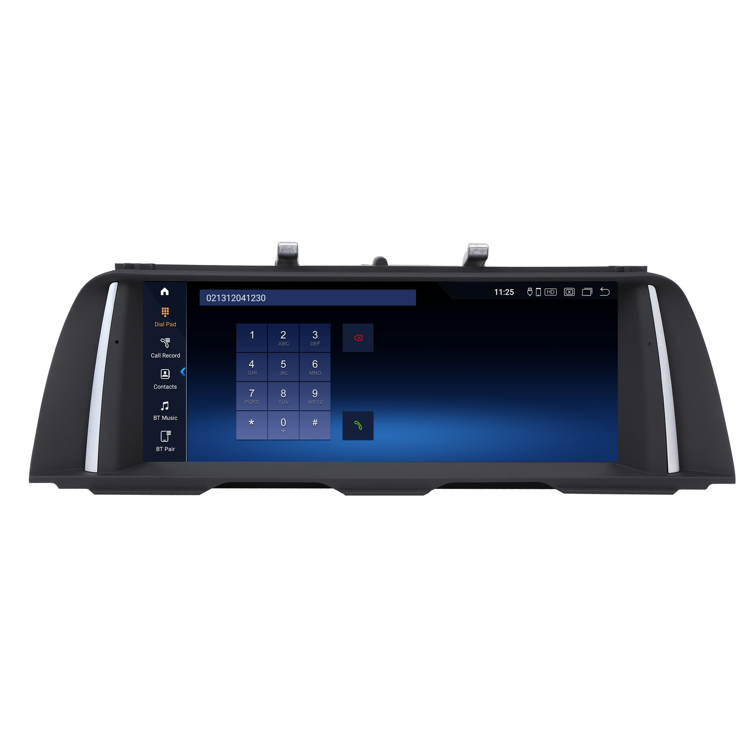 Auto-Multimedia-Bildschirm mit Telefonwähl-Oberfläche. Schwarzer Rahmen, blauer Bildschirm, Zifferntasten und Wähltastenfeld.