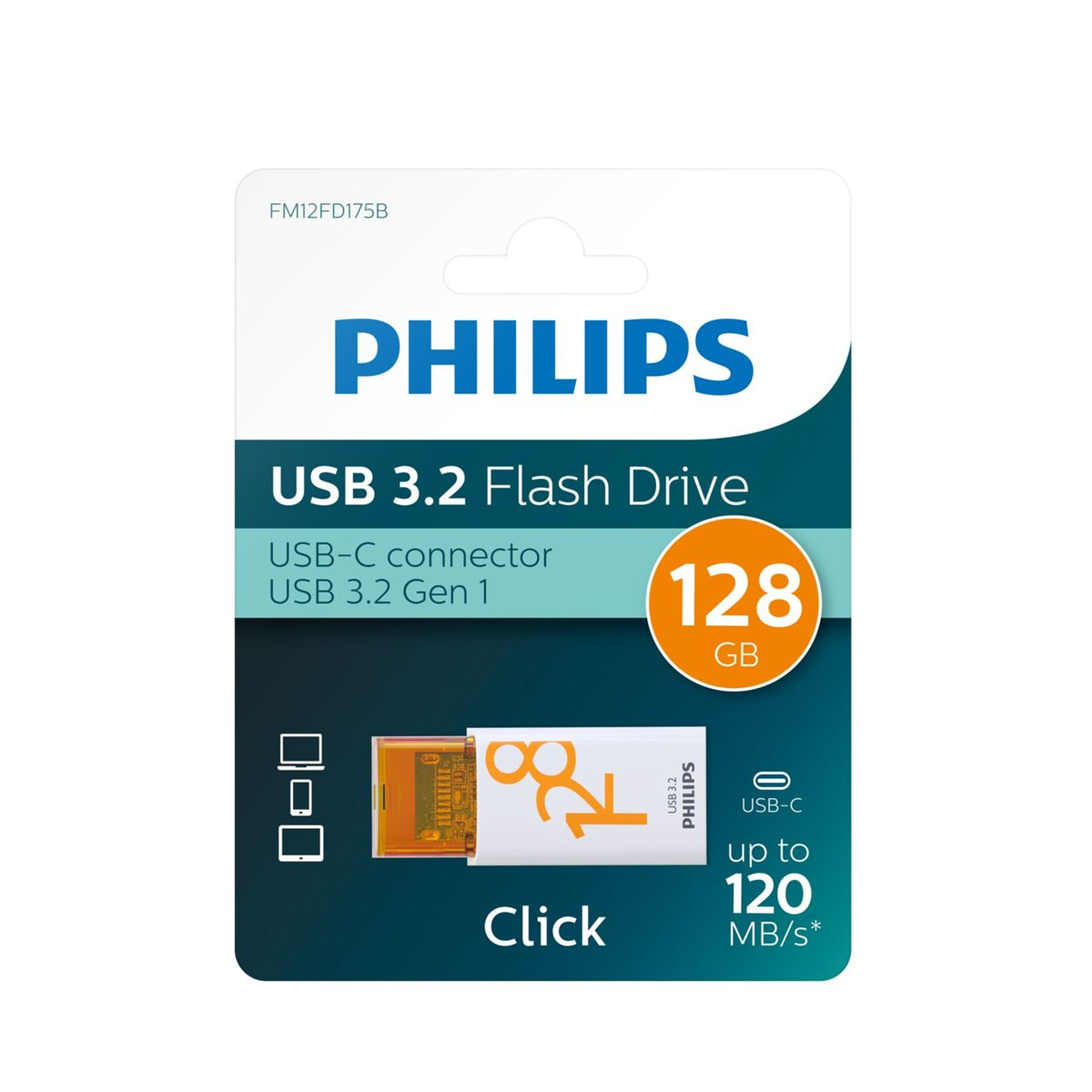 Karta pamięci flash USB 3.2 Philips. Biała z pomarańczowym USB 3.2 Gen 1. 128 GB.