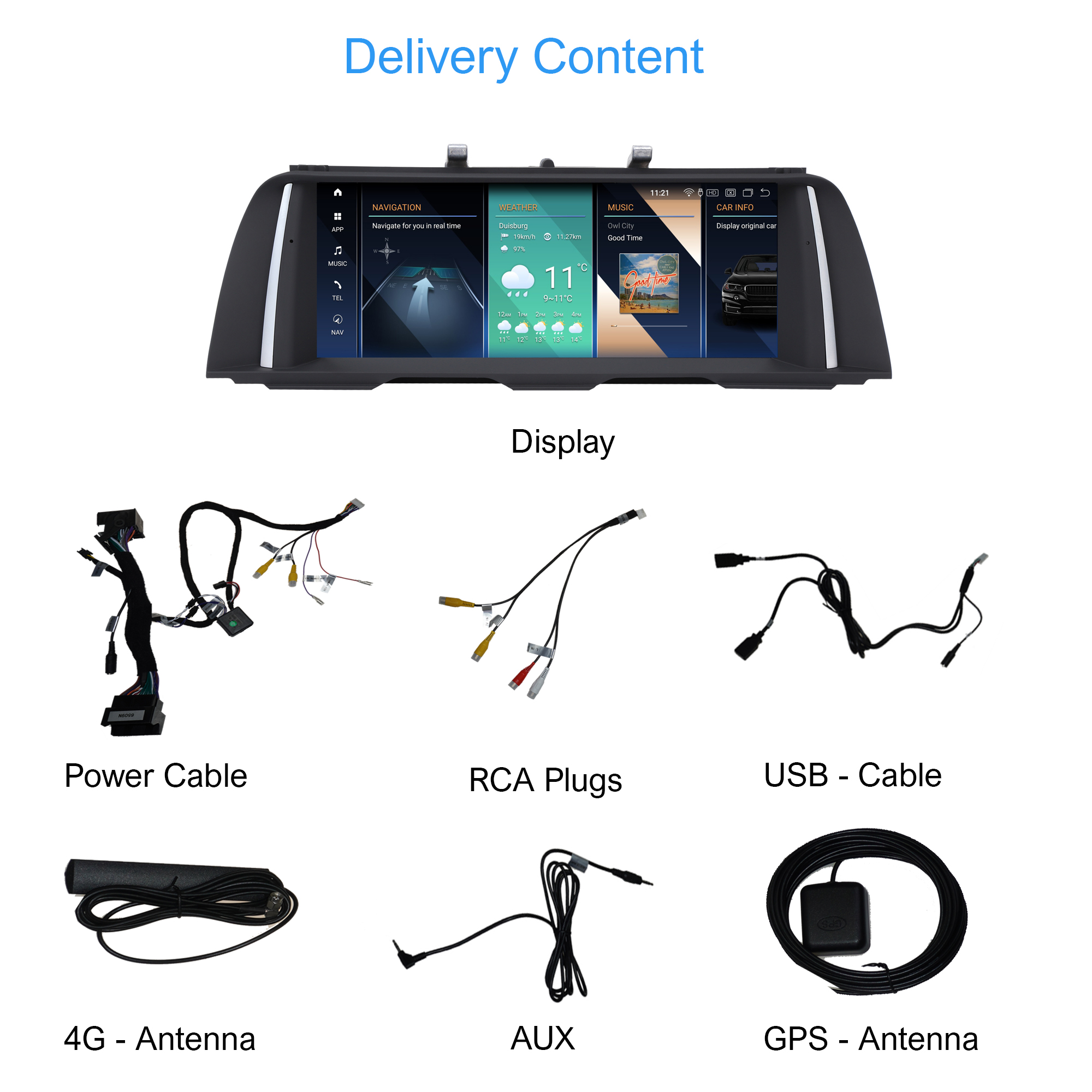 Ein Auto-Multimedia-System mit Kabeln, Stromkabel, Antenne und einem Bildschirm.