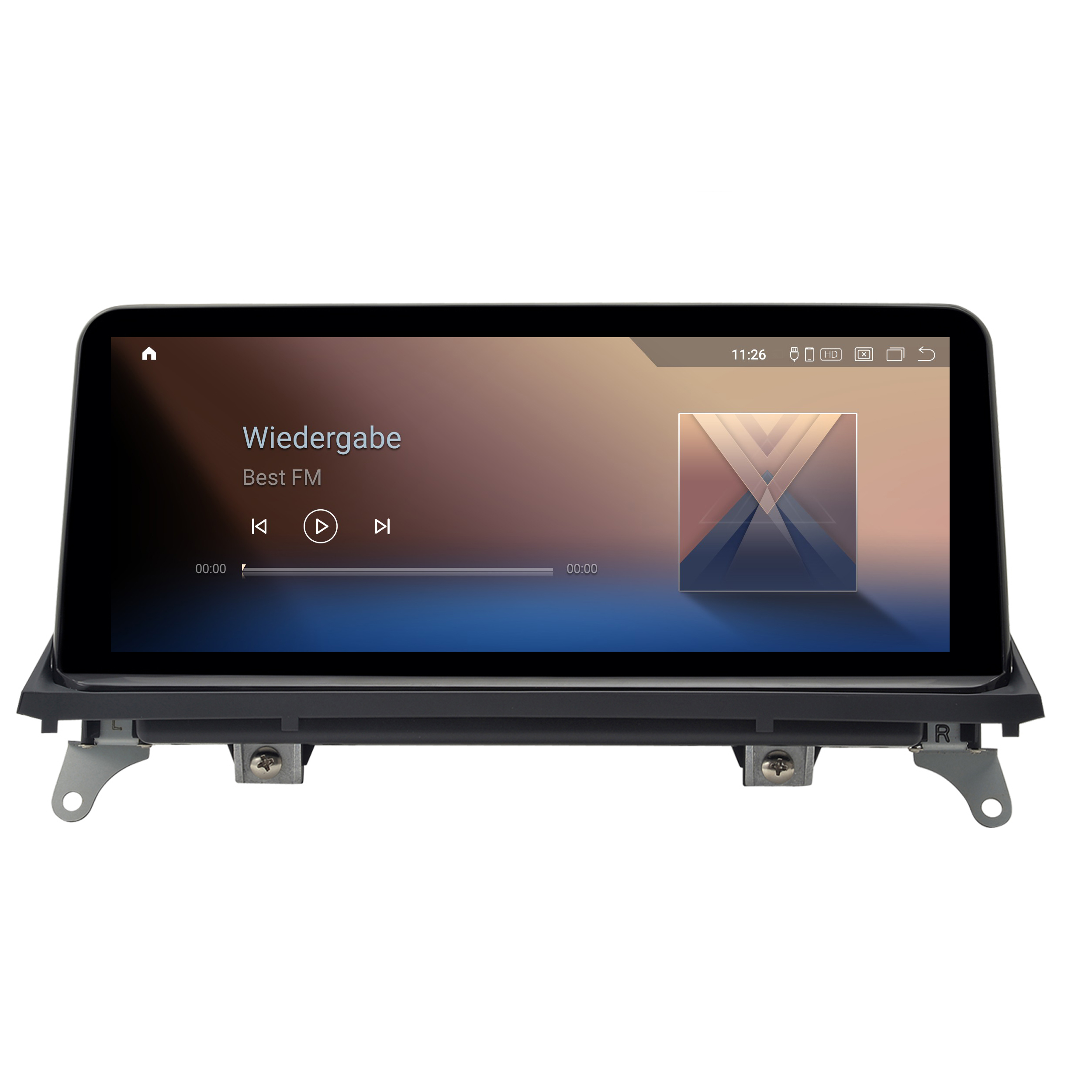 Auto-Multimedia-Bildschirm mit Musikwiedergabesteuerung und Titeldetails.
