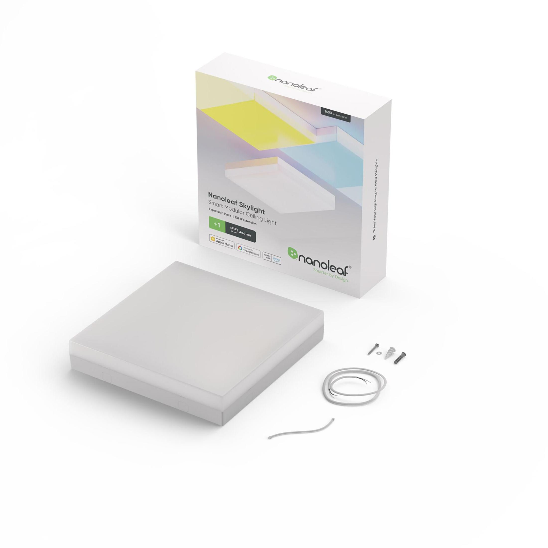 White Nanoleaf Skylight smart modular lighting light kit with a box and accessories on a white surface.