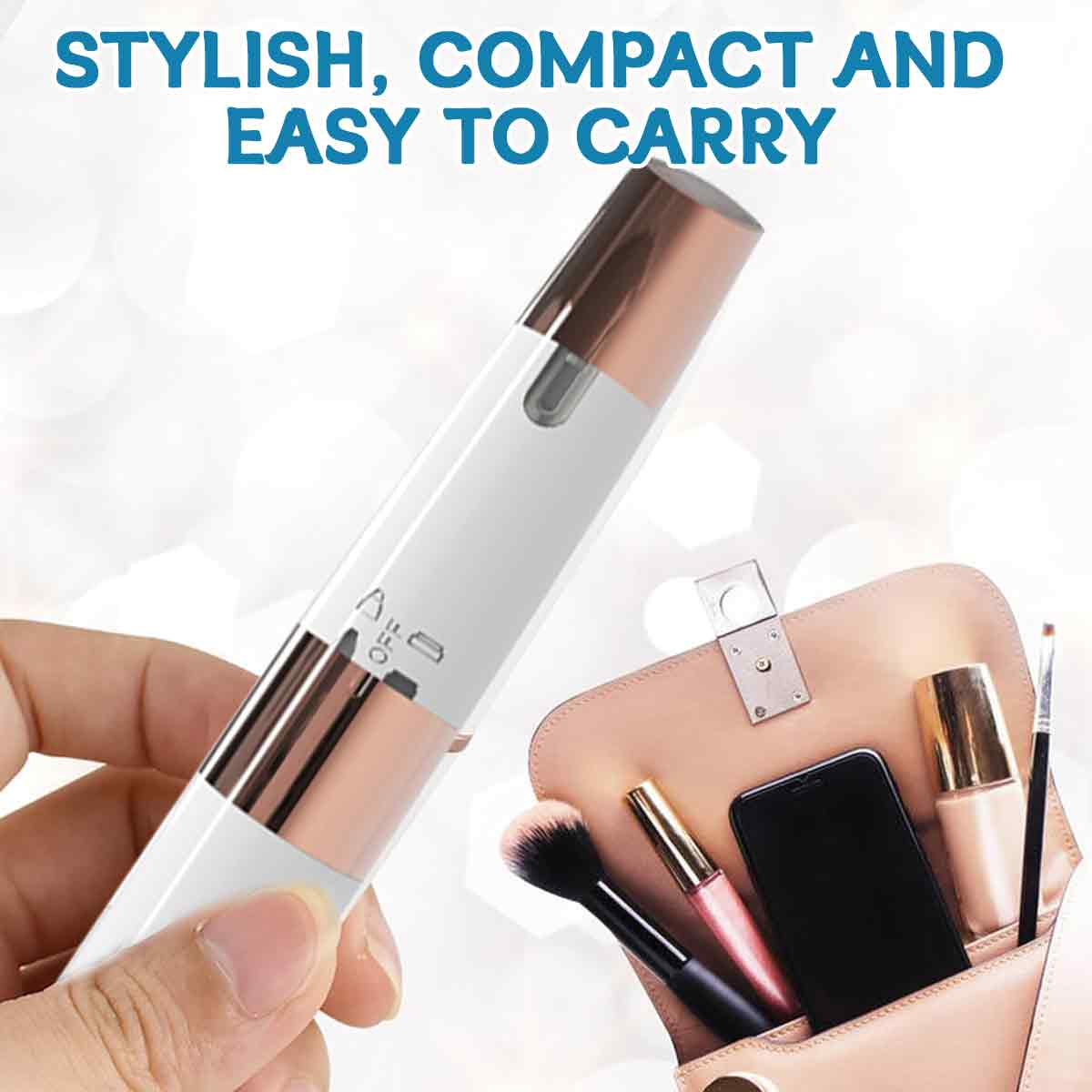 Die Hand einer Frau, die ein Schönheitsgerät hält. Eine rosa Handtasche mit Make-up ist in der Nähe.