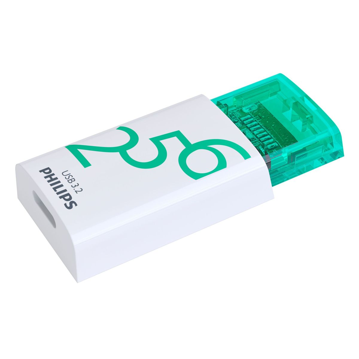 Biały i zielony pendrive USB z napisem '256 USB 3.2' firmy Philips. Ma przezroczysty zielony koniec.