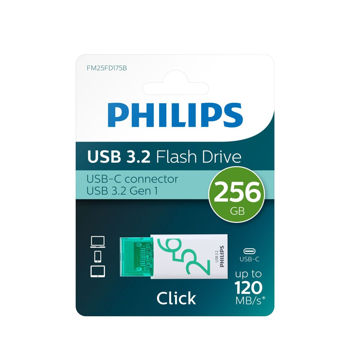 Opakowanie pendrive'a USB 3.2 Philips. Dysk jest zielony i biały. Pokazuje pojemność 256 GB.