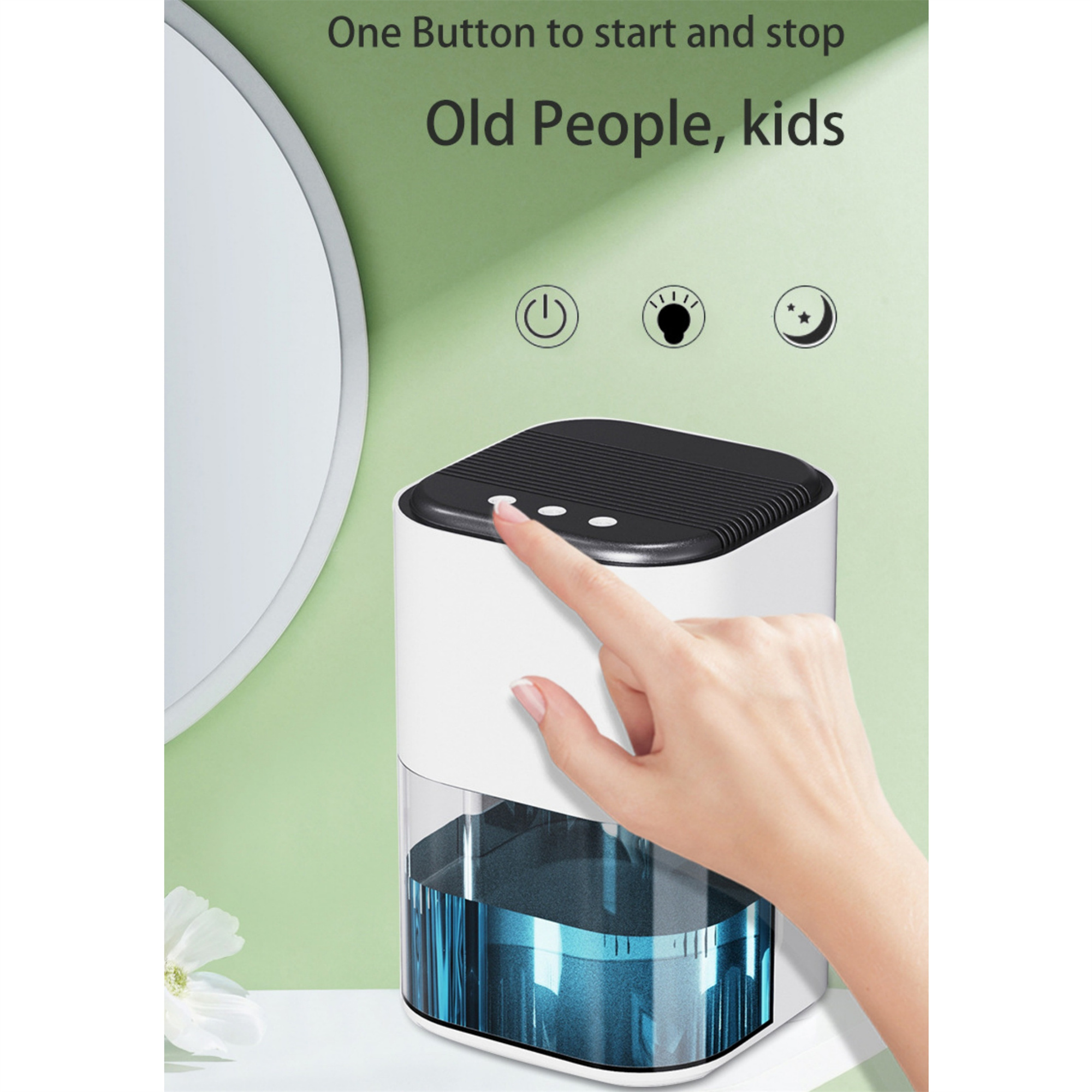 Eine Hand drückt einen Knopf auf einem weißen Gerät. Text lautet 'One Button to start and stop Old People, kids'.