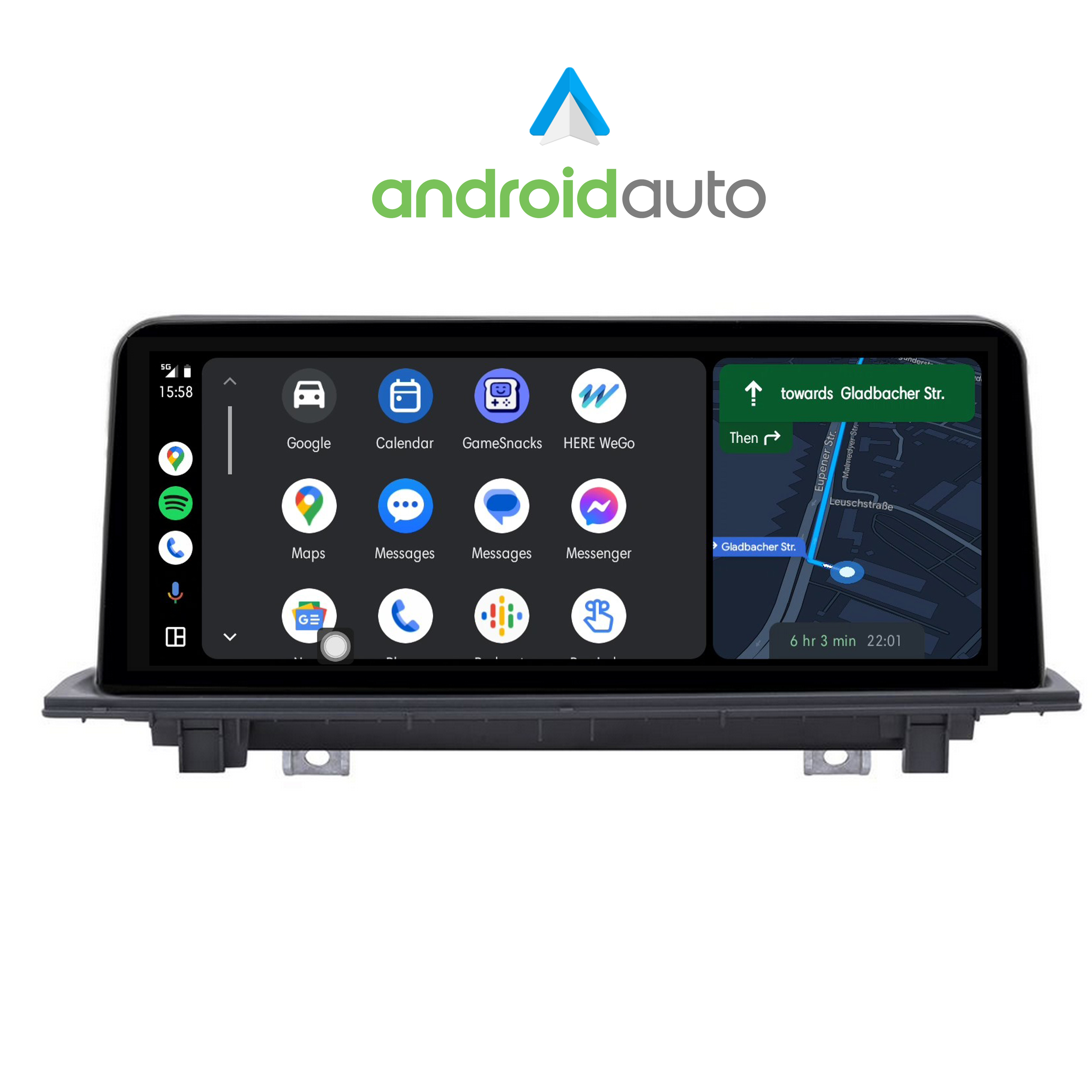 Ein Android Auto-Bildschirm zeigt Karte, Google, Kalender und andere App-Symbole an.