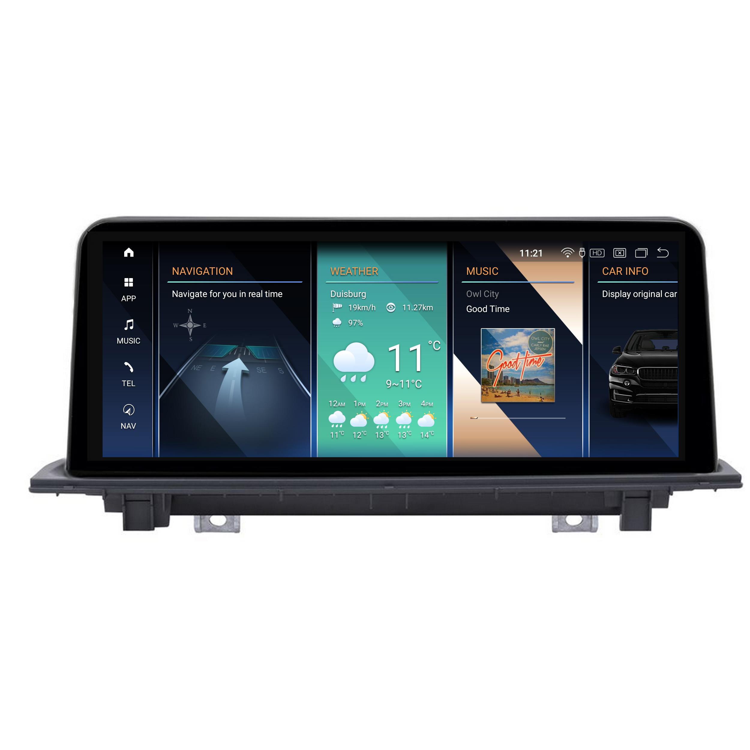 Auto-Entertainment-System mit großem Bildschirm, der Navigations-, Wetter- und Musikinformationen anzeigt.