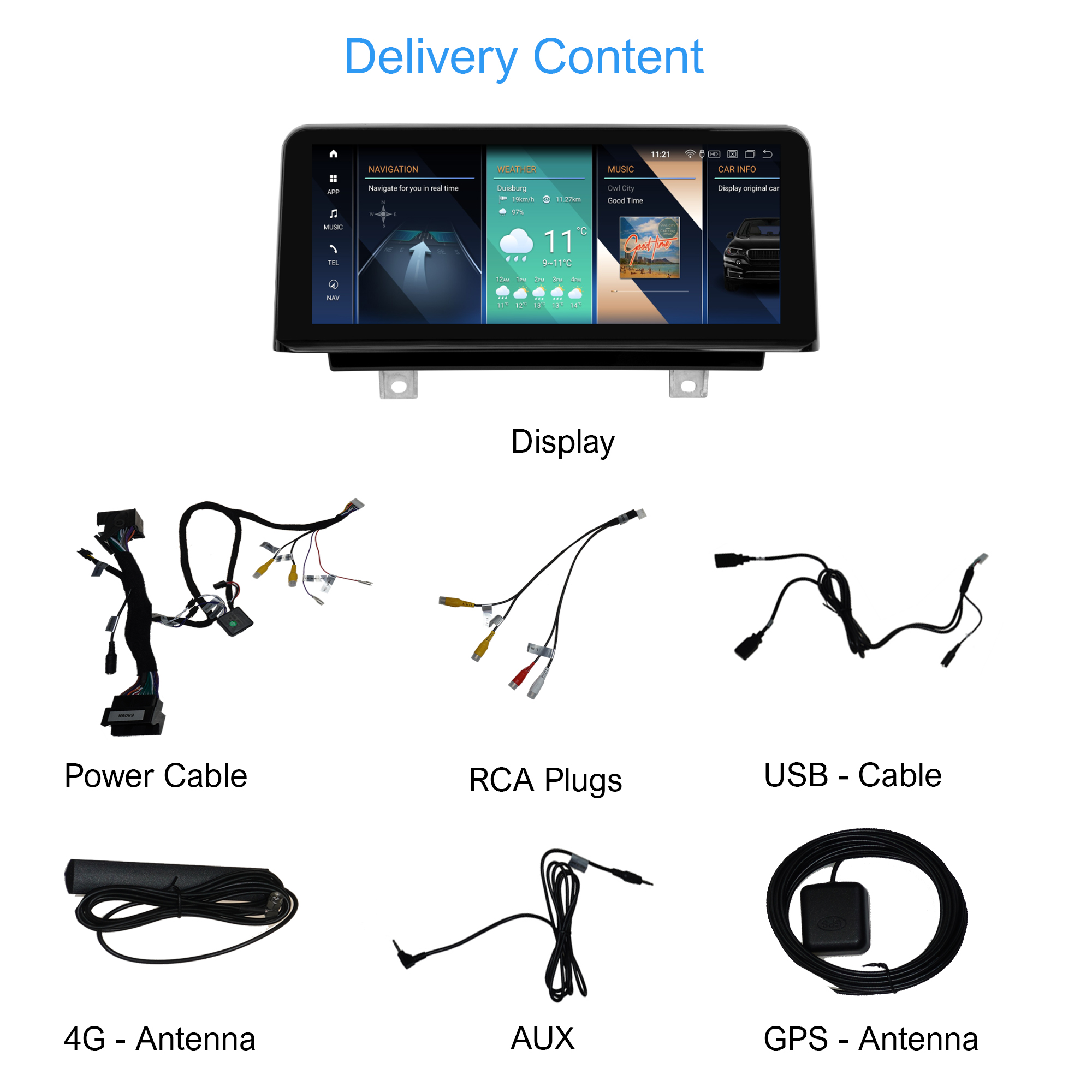 Auto-Multimedia-System mit Anzeige, Navigation, Wetter und Musik. Zubehör wie Kabel und Antenne sind ebenfalls abgebildet.