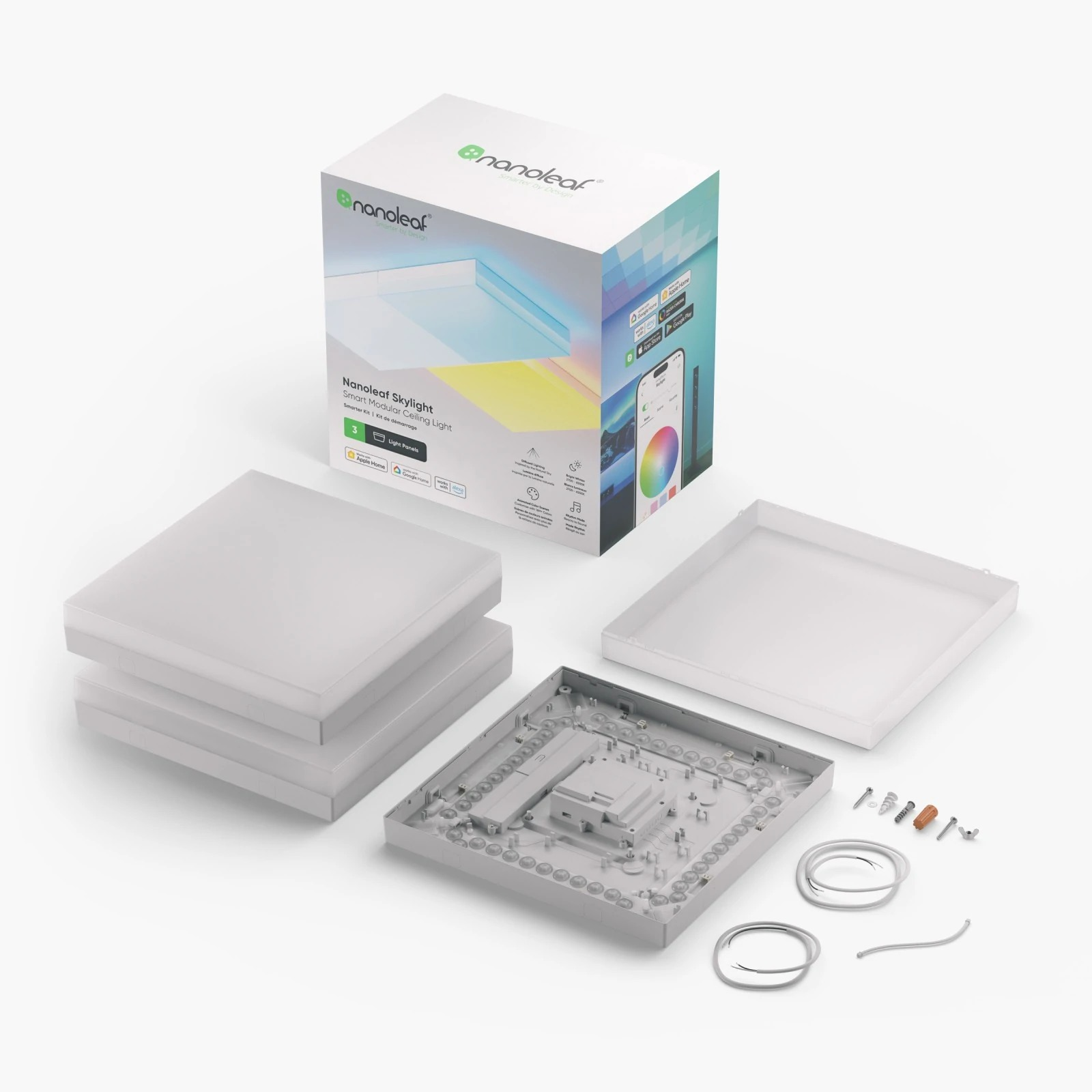 Nanoleaf Skylight Panels und Box. Weiße Panels, Box und Zubehör. Weißer Hintergrund.