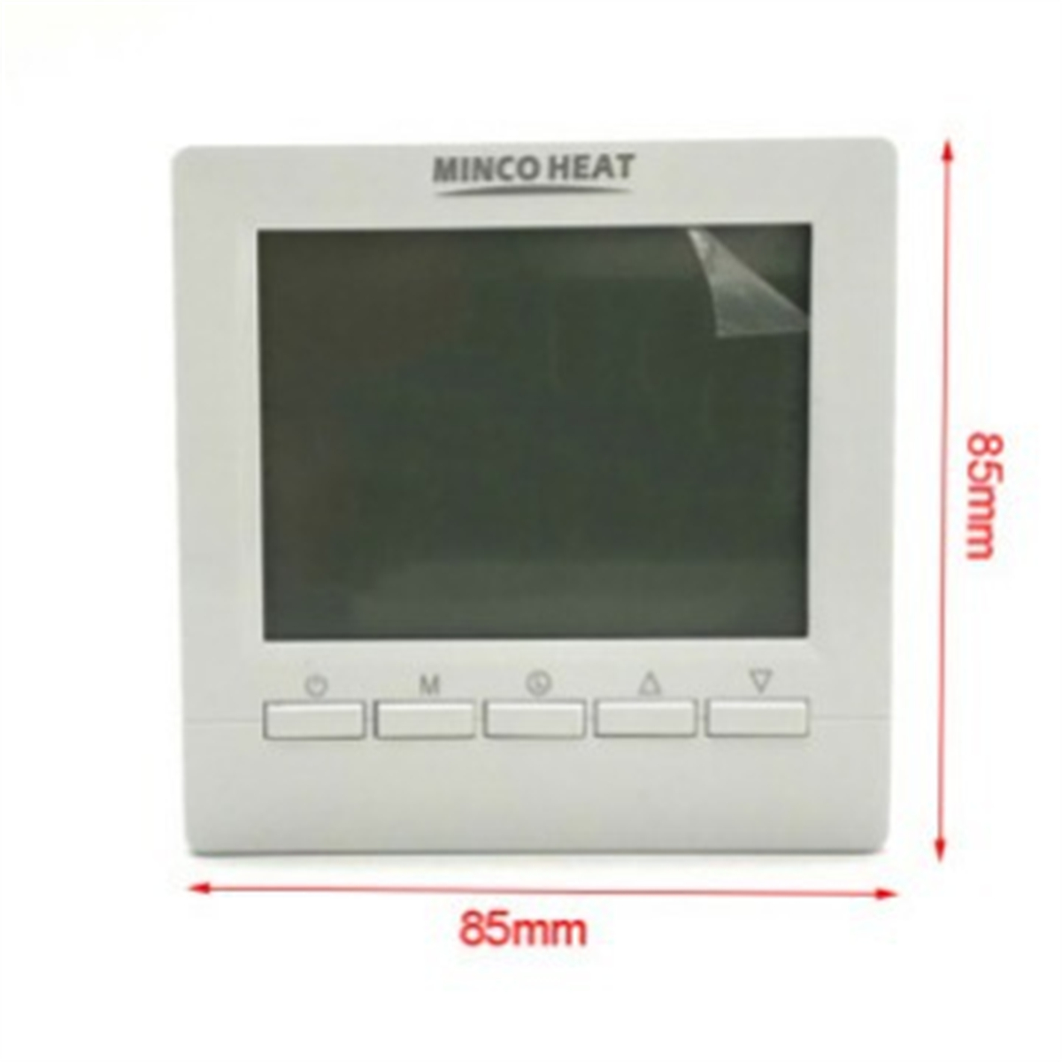 Weißer Thermostat mit schwarzem Display und Knöpfen, Abmessungen 85mm x 85mm.