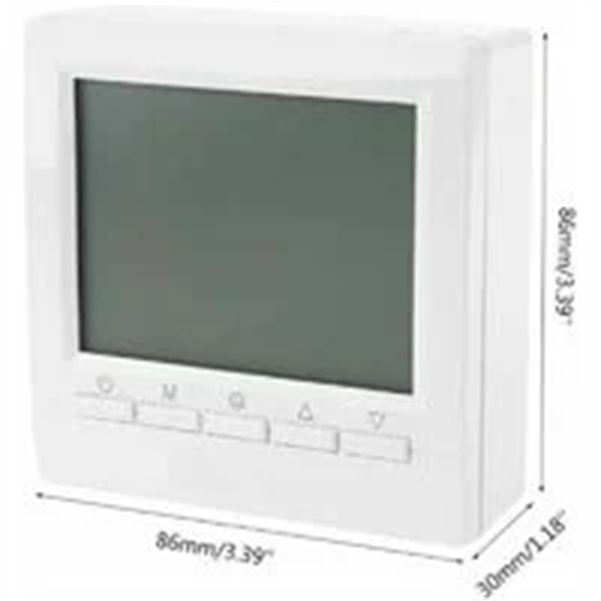 Ein weißes Thermostat mit Display. Es hat Knöpfe mit den Bezeichnungen 'M', einem Kreis, einem Pfeil nach oben und unten.