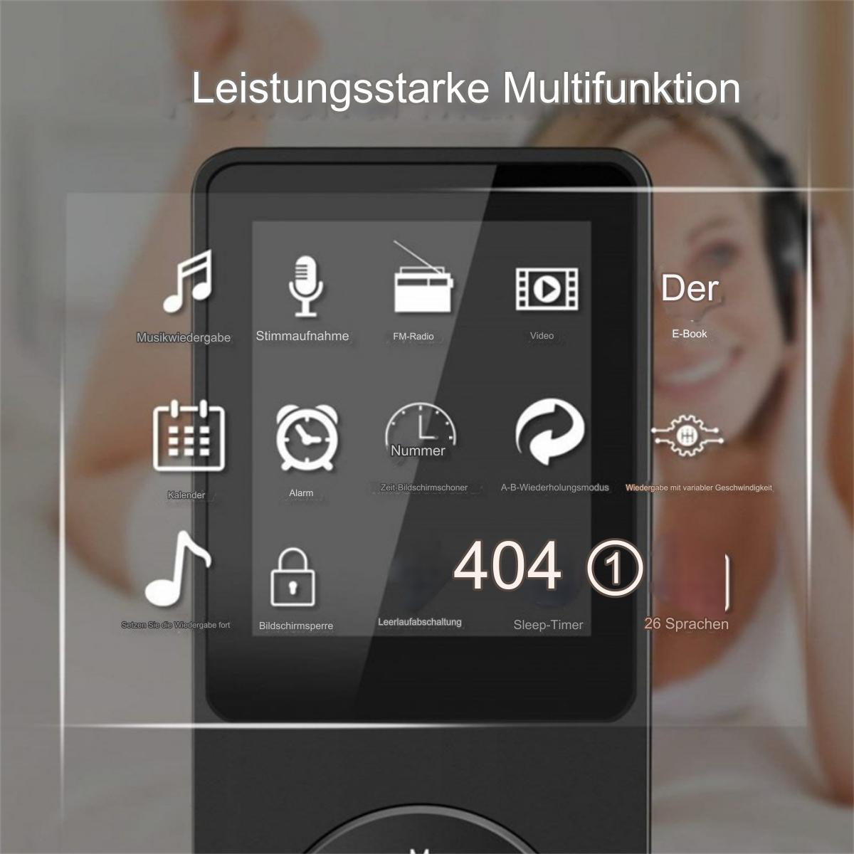 Ein schwarzer Musikplayer mit Symbolen für Musik, Aufnahme, UKW-Radio, Video, Kalender, Wecker und mehr.