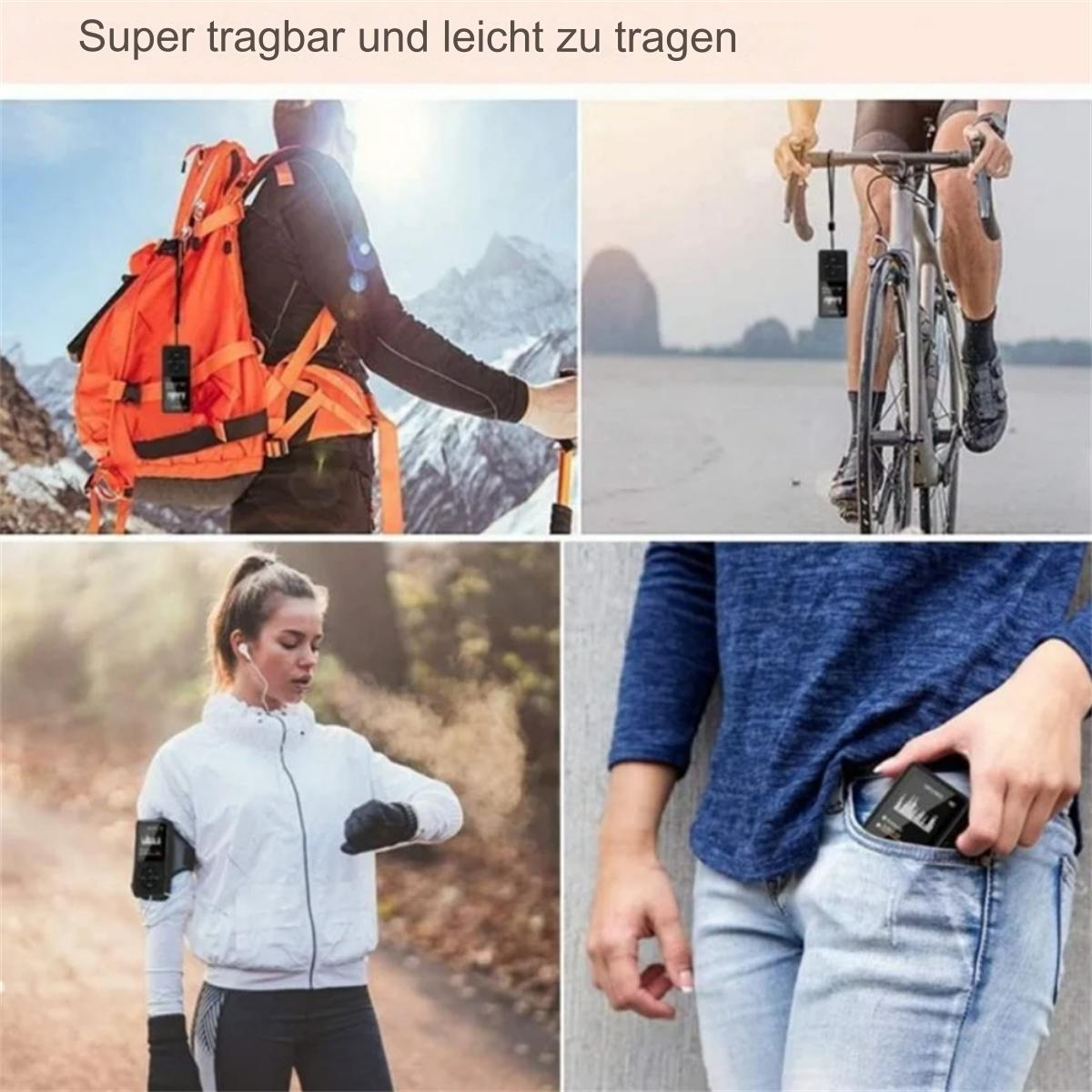 Menschen, die ein kleines tragbares Gerät in verschiedenen Umgebungen benutzen: Laufen, Radfahren und Hosentasche.