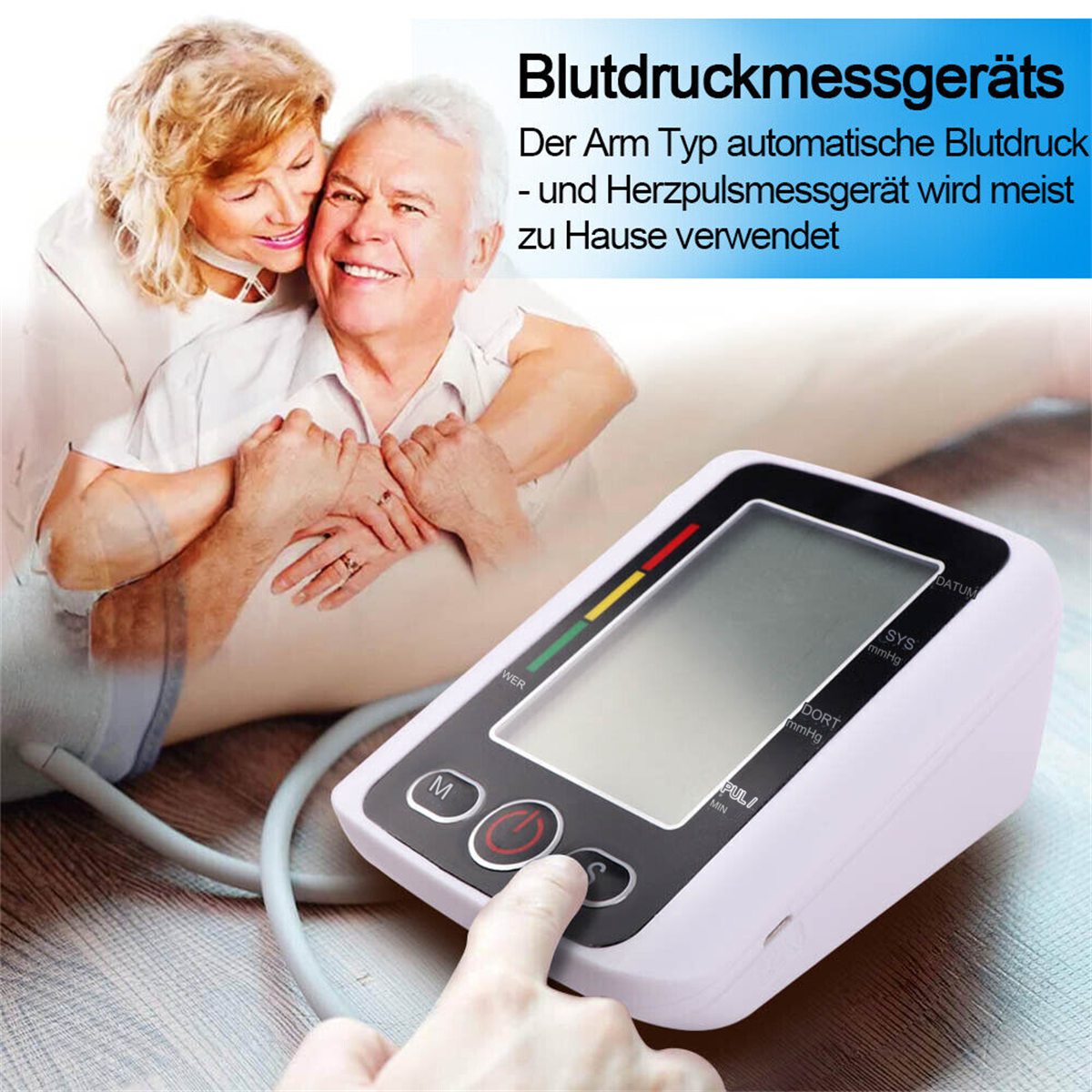 Blutdruckmessgerät in Gebrauch. Älteres Ehepaar, weißes Gerät mit Knöpfen, Kabel.