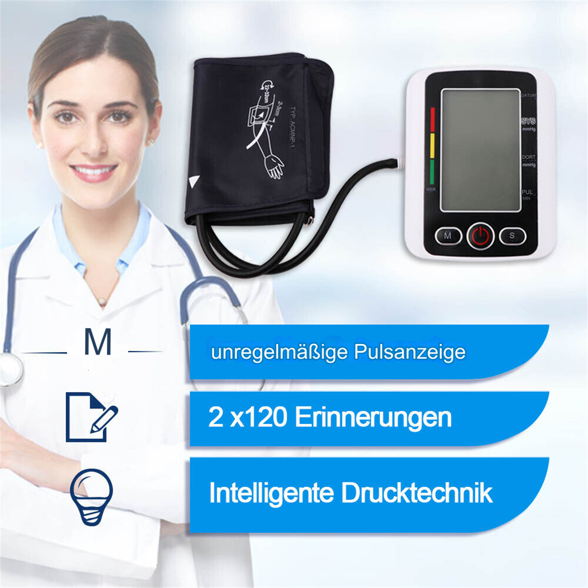Frau mit Stethoskop neben Blutdruckmessgerät, Manschette und Text über Funktionen.