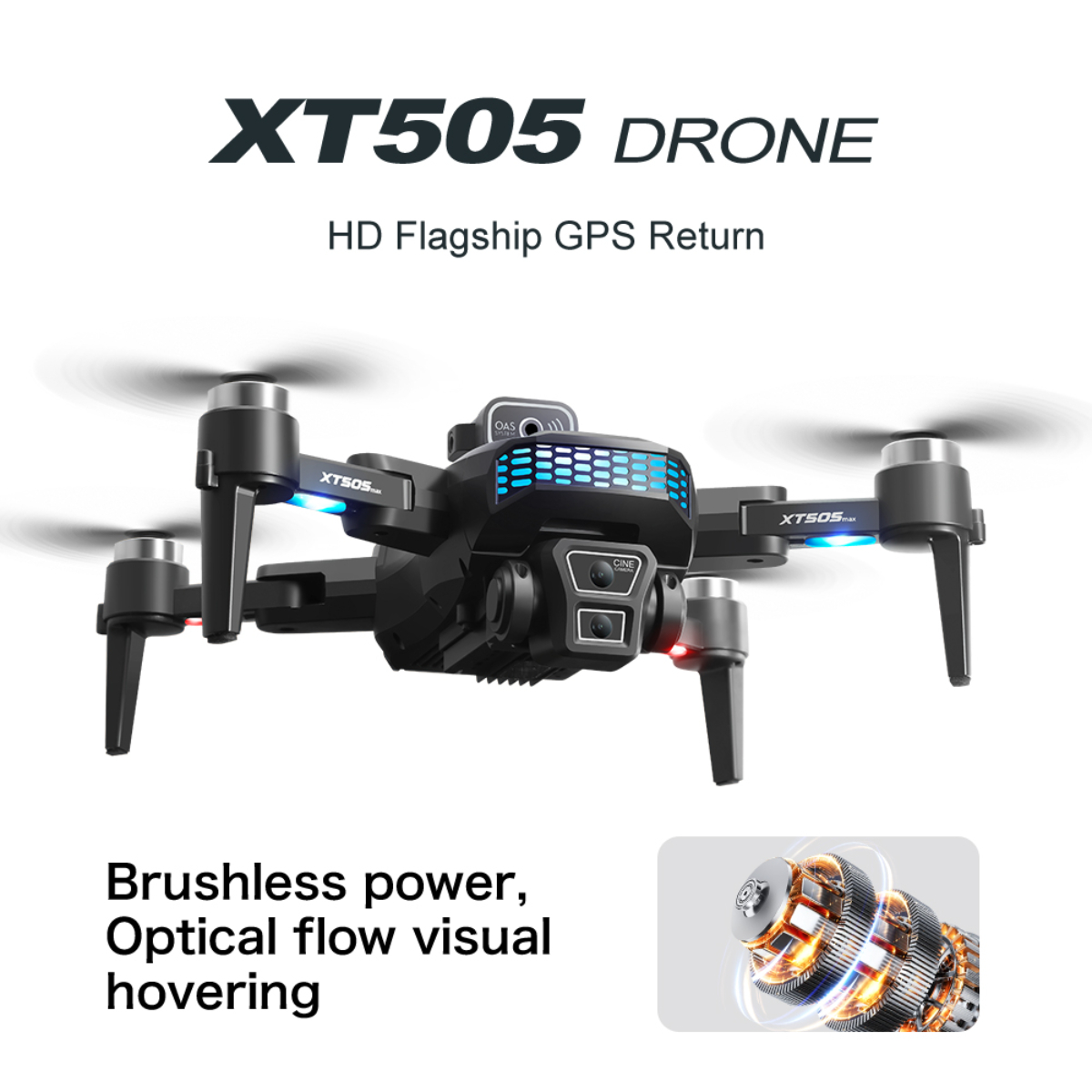 Schwarze Drohne mit vier Propellern. Sie hat eine Kamera und trägt die Aufschrift 'XT505 DRONE.'