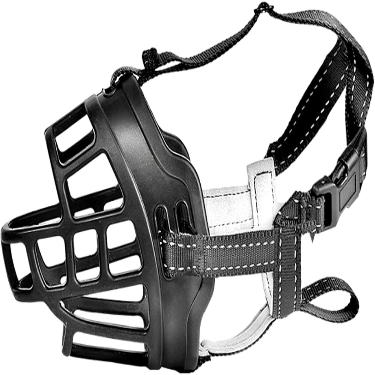 Schwarzer Hundemaulkorb mit verstellbaren Riemen und käfigartigem Design.