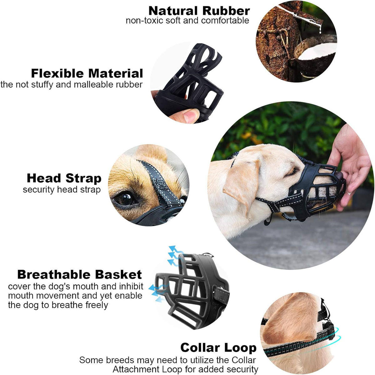 Hundemaulkorb mit Etiketten für Naturkautschuk, flexibles Material, Kopfriemen, atmungsaktiven Korb und Halsbandschlaufe.