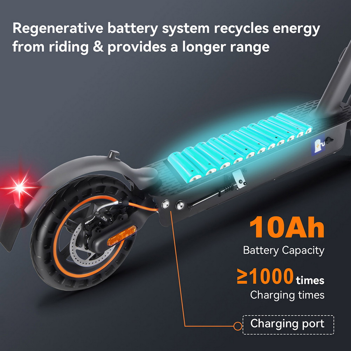 E-scooter con batteria, porta di ricarica e specifiche. Testo: capacità batteria 10Ah, 1000+ ricariche.