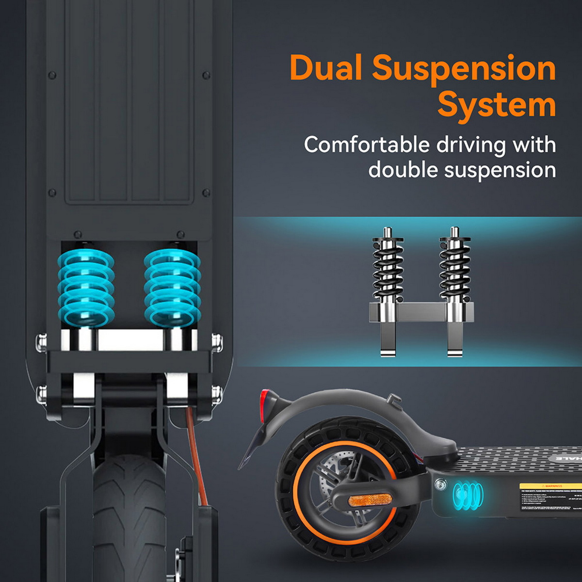 Diagramma che mostra il sistema a doppia sospensione di un monopattino elettrico. Il testo recita 'Dual Suspension System'.