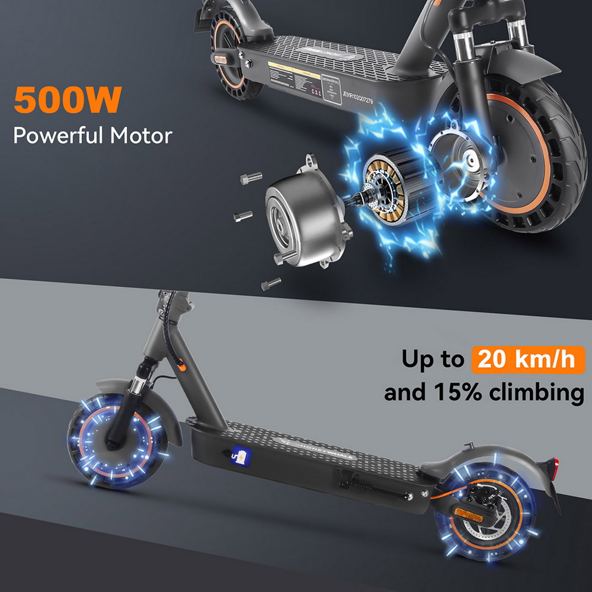 Scooter elettrico con motore da 500W e specifiche.