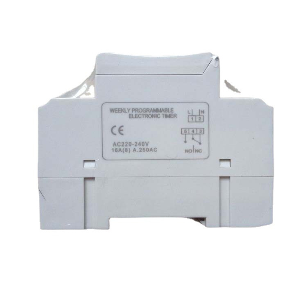 Weißer wöchentlich programmierbarer elektronischer Timer mit verschiedenen Etiketten und Klemmen.