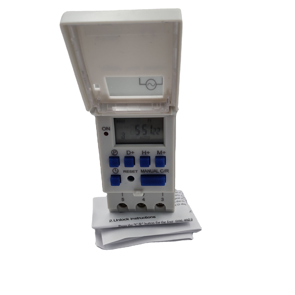 Digitaler Timer mit Anzeige von Zeit und Einstellungen. Es hat Knöpfe und ein kleines Papier.