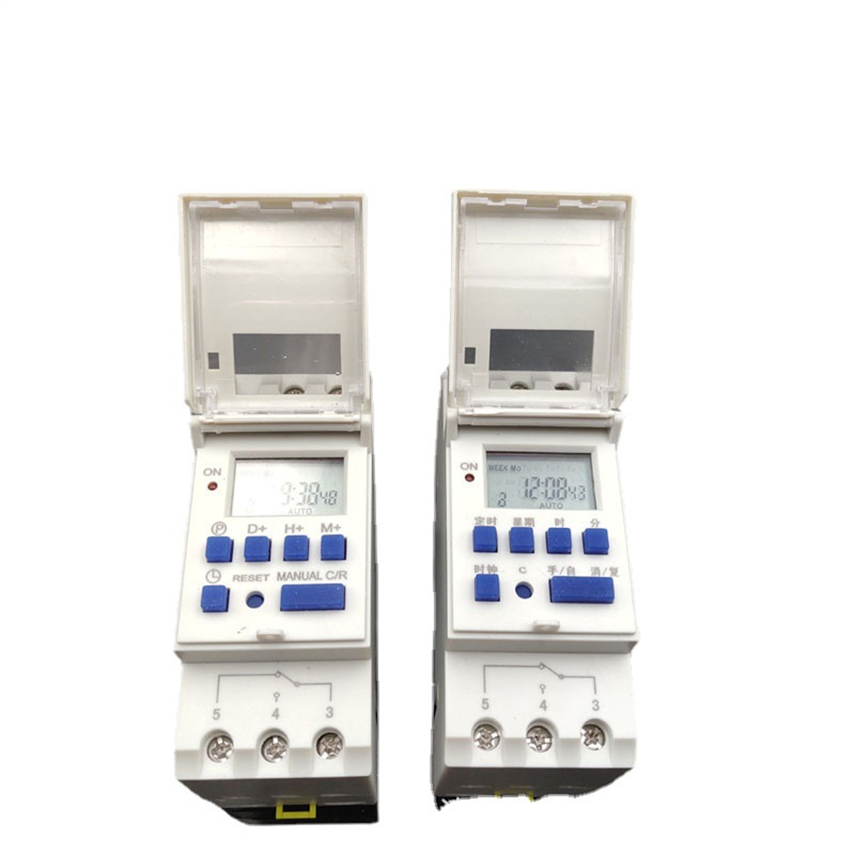 Zwei digitale Timer mit Anzeigen, Tasten und Schutzhüllen. Weiß und Blau.