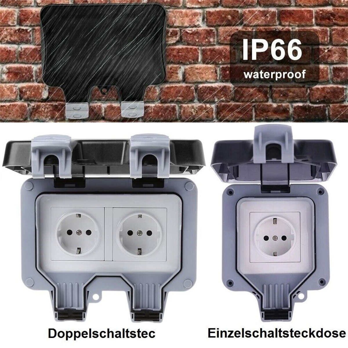 Elektrische Außensteckdosen mit Abdeckung. Text: IP66 wasserdicht. Ziegelhintergrund.